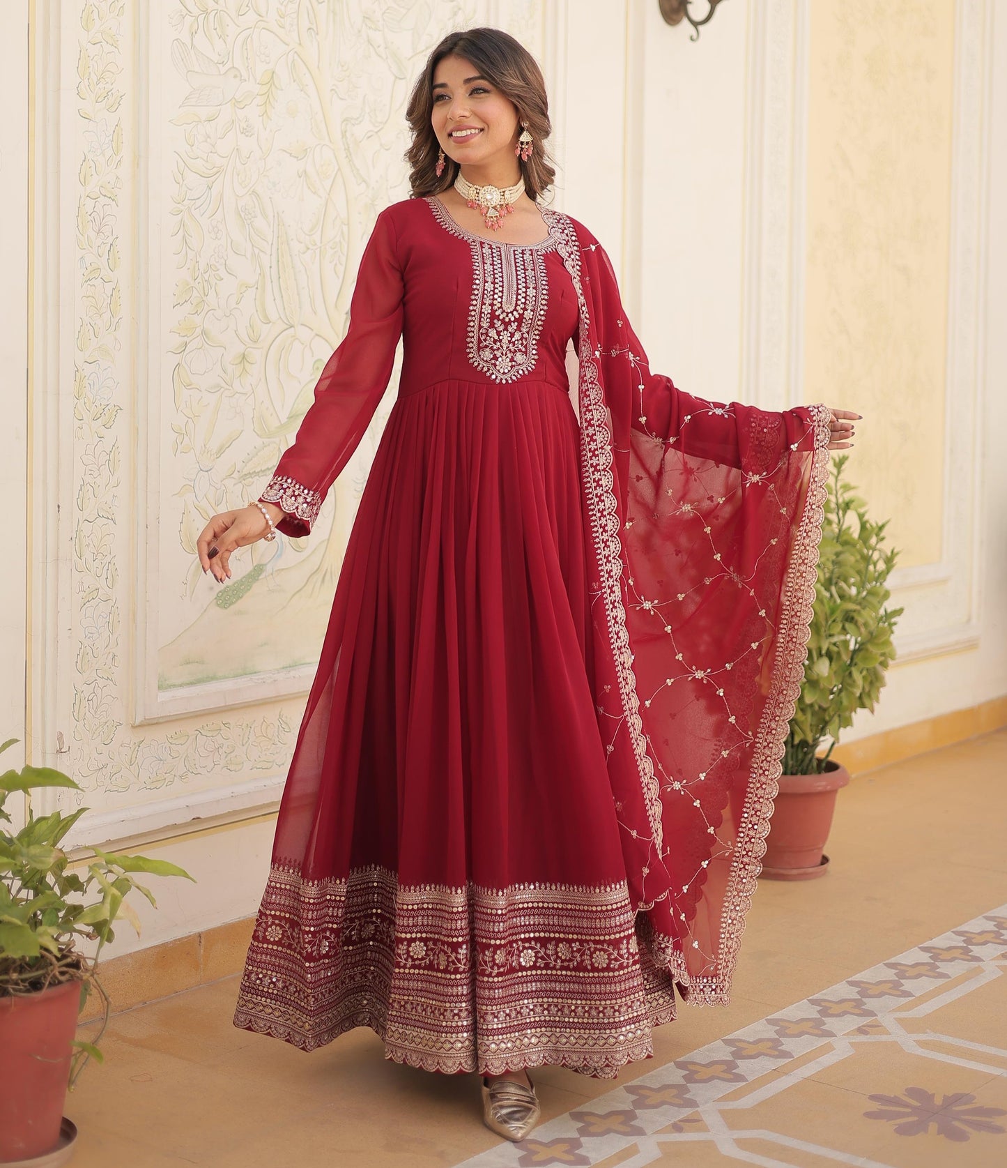ELEGANT MAROON COLOR ANARKALI GOWN WITH FAUX BLOOMING DUPATTA
