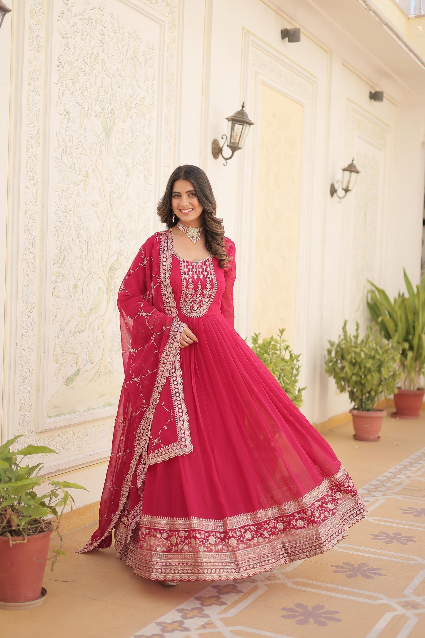 ELEGANT WINE COLOR ANARKALI GOWN WITH FAUX BLOOMING DUPATTA