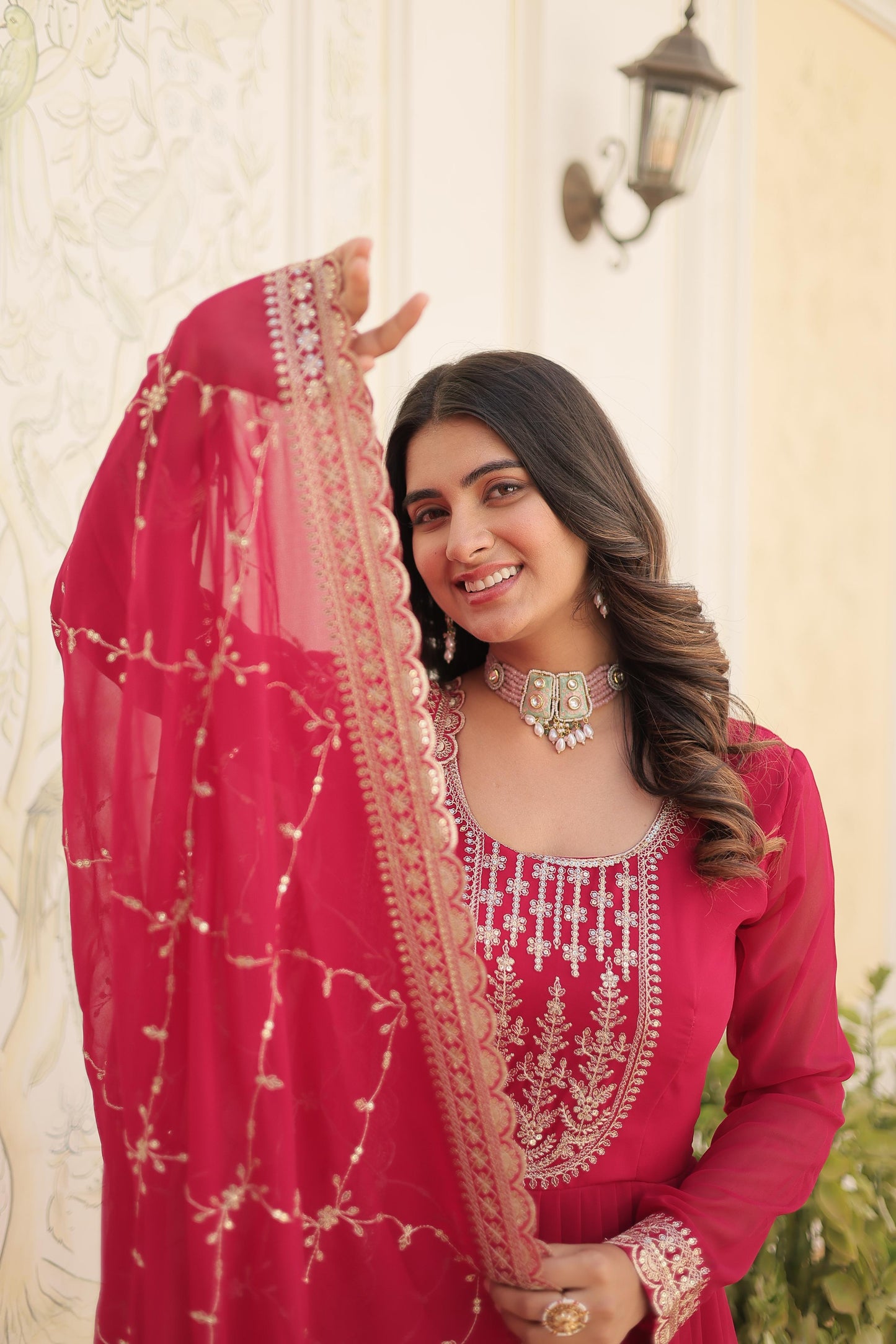 ELEGANT WINE COLOR ANARKALI GOWN WITH FAUX BLOOMING DUPATTA