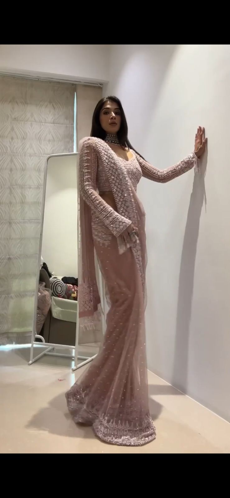BABY PINK COLOR SOFT NET SEQUINS EMBROIDERY WORK SAREE