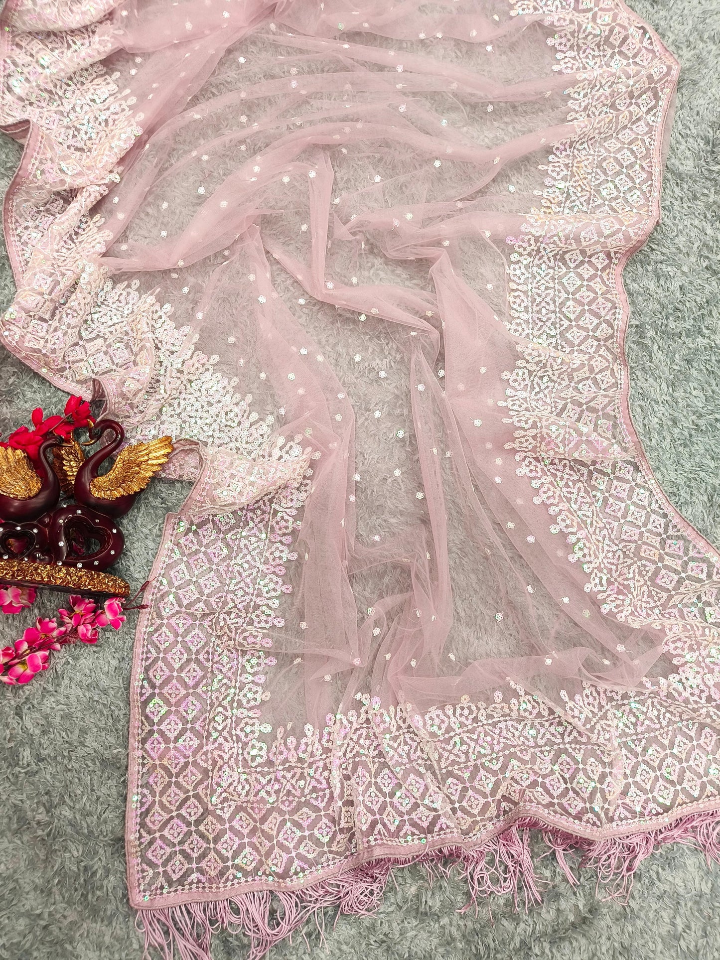 BABY PINK COLOR SOFT NET SEQUINS EMBROIDERY WORK SAREE