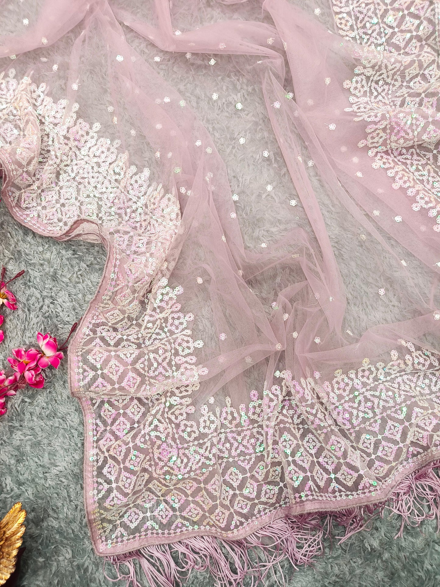 BABY PINK COLOR SOFT NET SEQUINS EMBROIDERY WORK SAREE