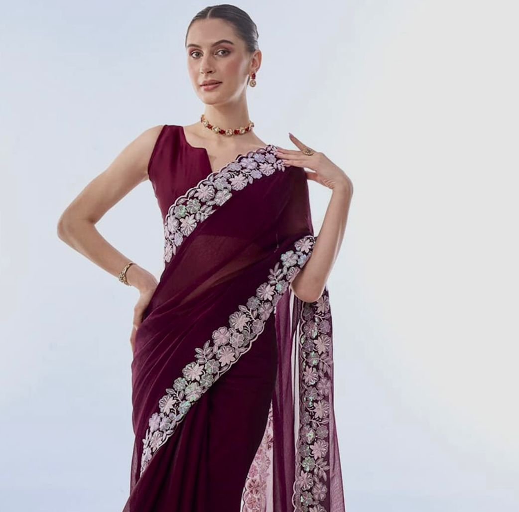 WINE COLOR SOFT GEORGETTE THREADS EMBROIDERY WORK SAREE