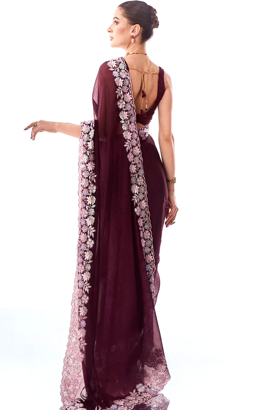 WINE COLOR SOFT GEORGETTE THREADS EMBROIDERY WORK SAREE