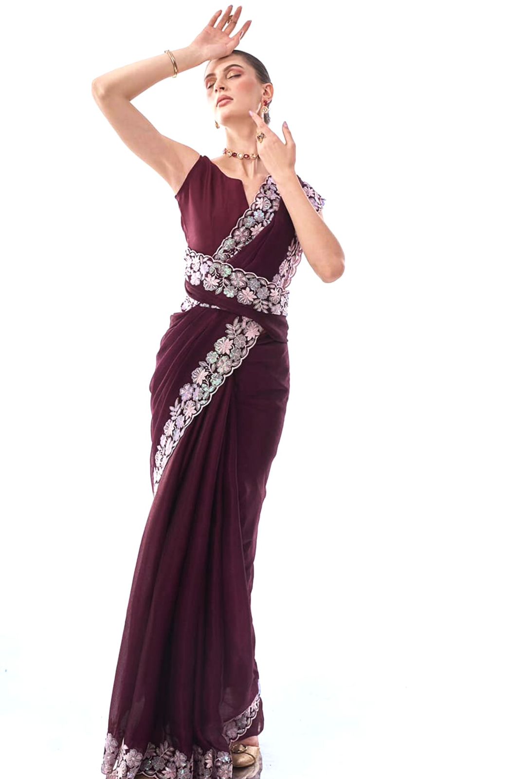 WINE COLOR SOFT GEORGETTE THREADS EMBROIDERY WORK SAREE