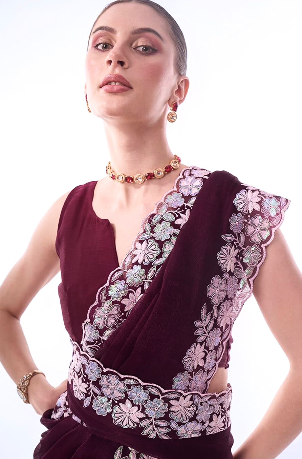 WINE COLOR SOFT GEORGETTE THREADS EMBROIDERY WORK SAREE
