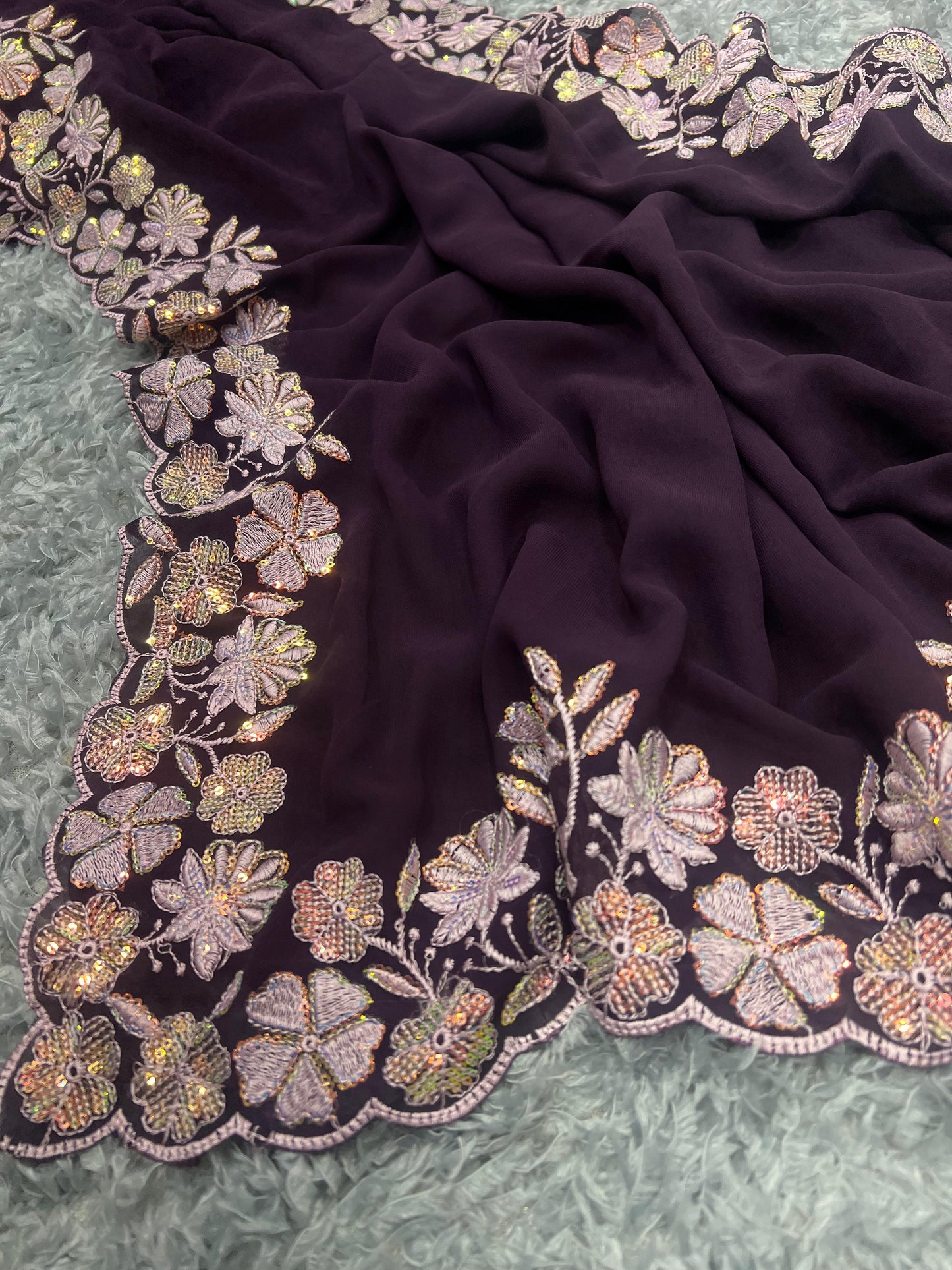 WINE COLOR SOFT GEORGETTE THREADS EMBROIDERY WORK SAREE