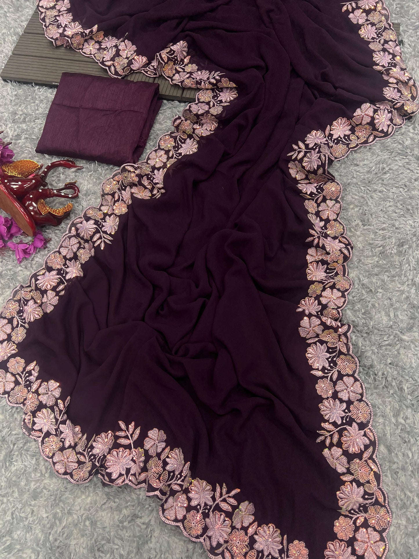 WINE COLOR SOFT GEORGETTE THREADS EMBROIDERY WORK SAREE