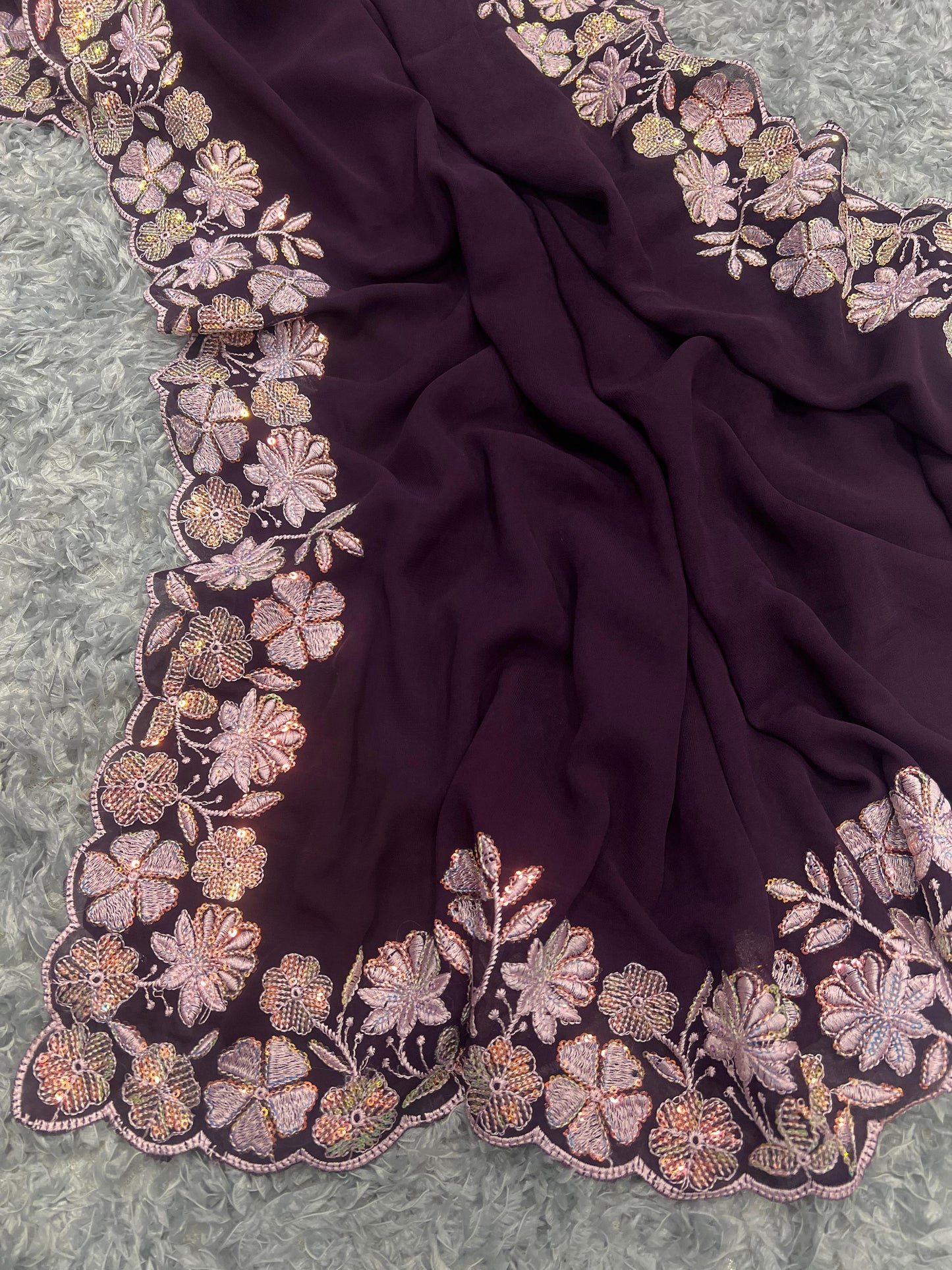 WINE COLOR SOFT GEORGETTE THREADS EMBROIDERY WORK SAREE