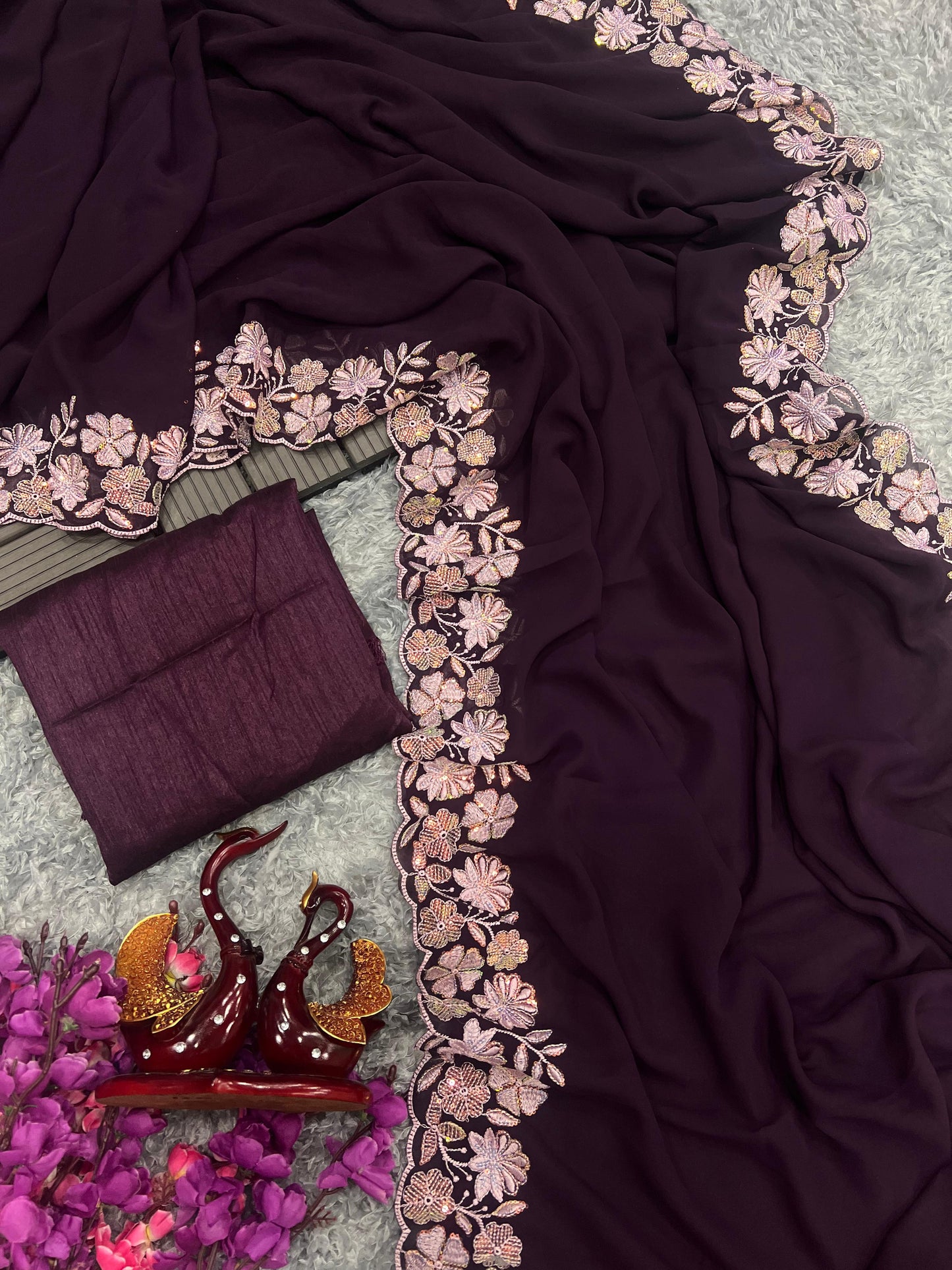 WINE COLOR SOFT GEORGETTE THREADS EMBROIDERY WORK SAREE