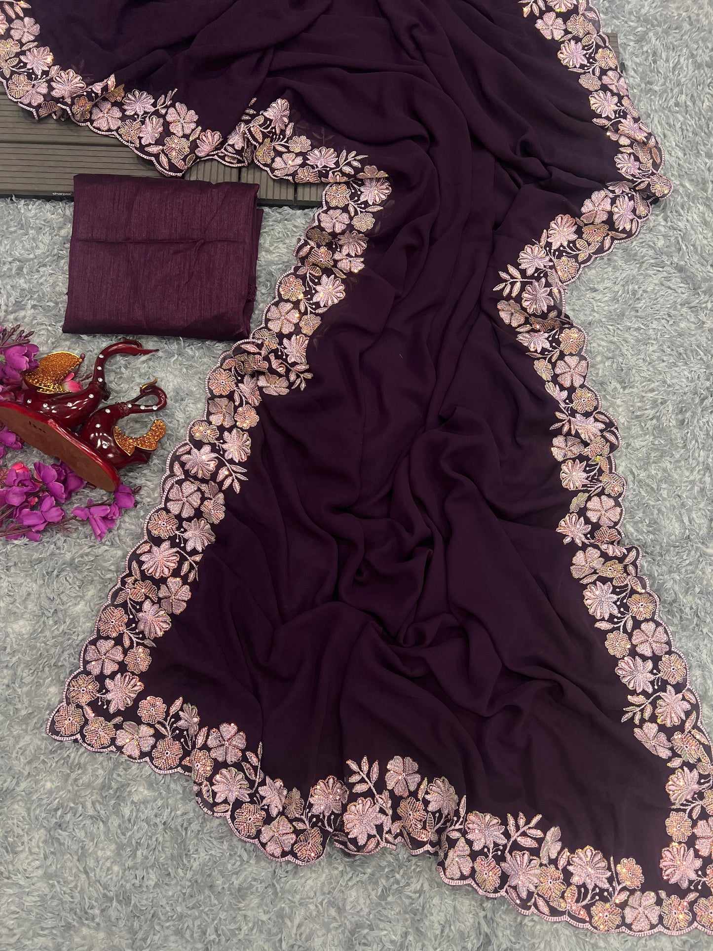 WINE COLOR SOFT GEORGETTE THREADS EMBROIDERY WORK SAREE