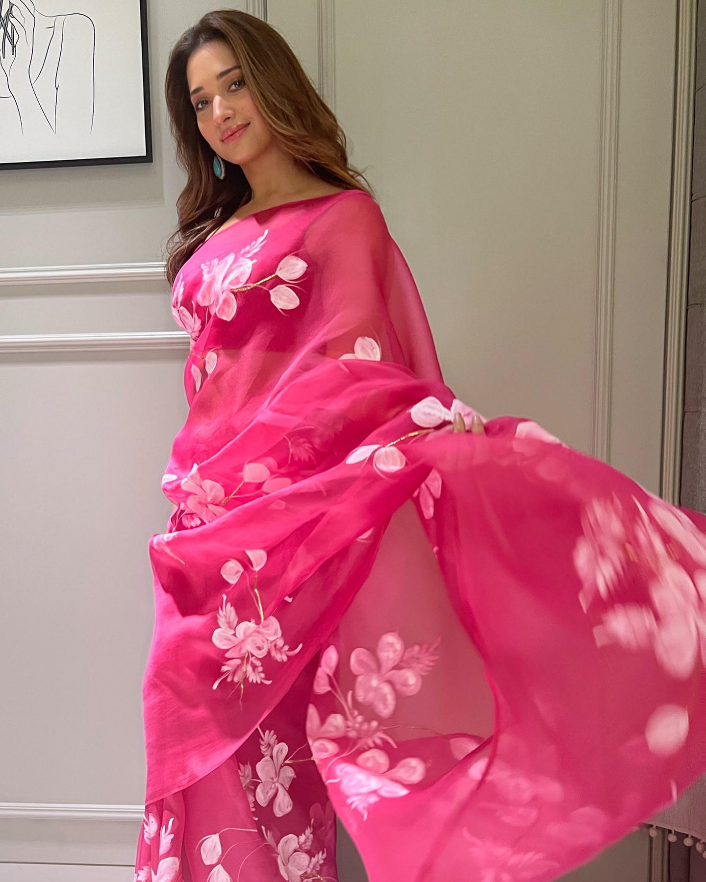 HOT PINK COLOR HANDPRINT BRUSH FLOWER DESIGNER SAREE