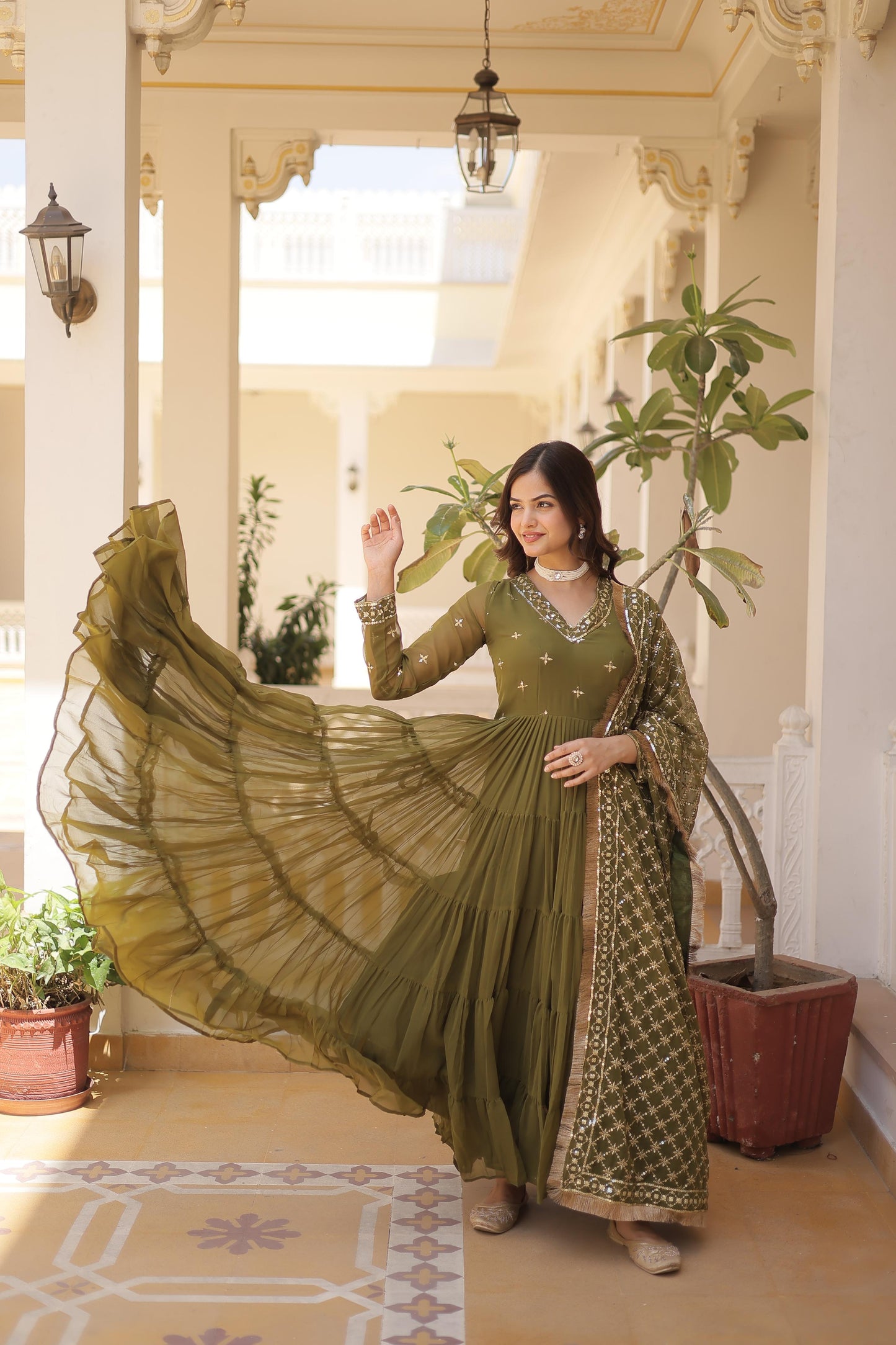 MAGNIFICENT UNIQUE COLORED FAUX GEORGETTE ANARKALI GOWN WITH DUPATTA
