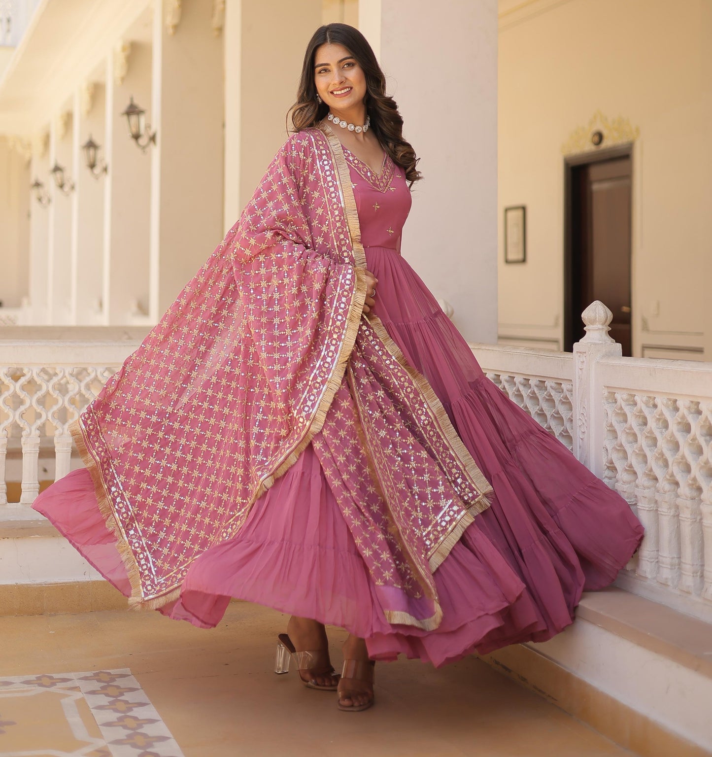 MAGNIFICENT UNIQUE COLORED FAUX GEORGETTE ANARKALI GOWN WITH DUPATTA