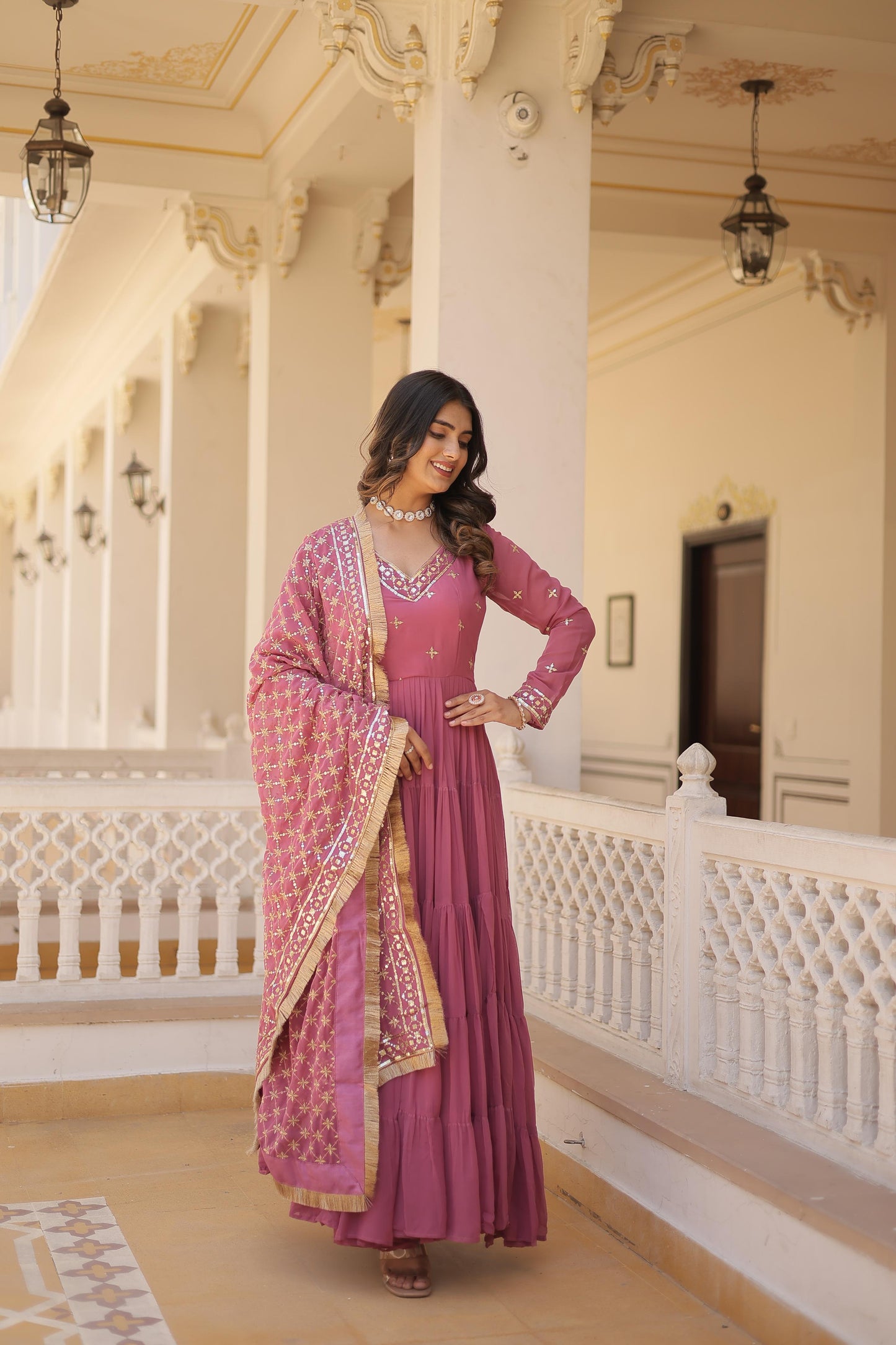 MAGNIFICENT UNIQUE COLORED FAUX GEORGETTE ANARKALI GOWN WITH DUPATTA
