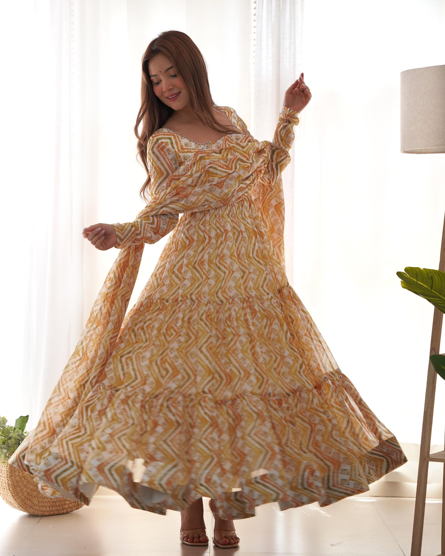 GRACEFUL GOLDEN YELLOW ZIGZAG ANARKALI 3PC KURTA SET