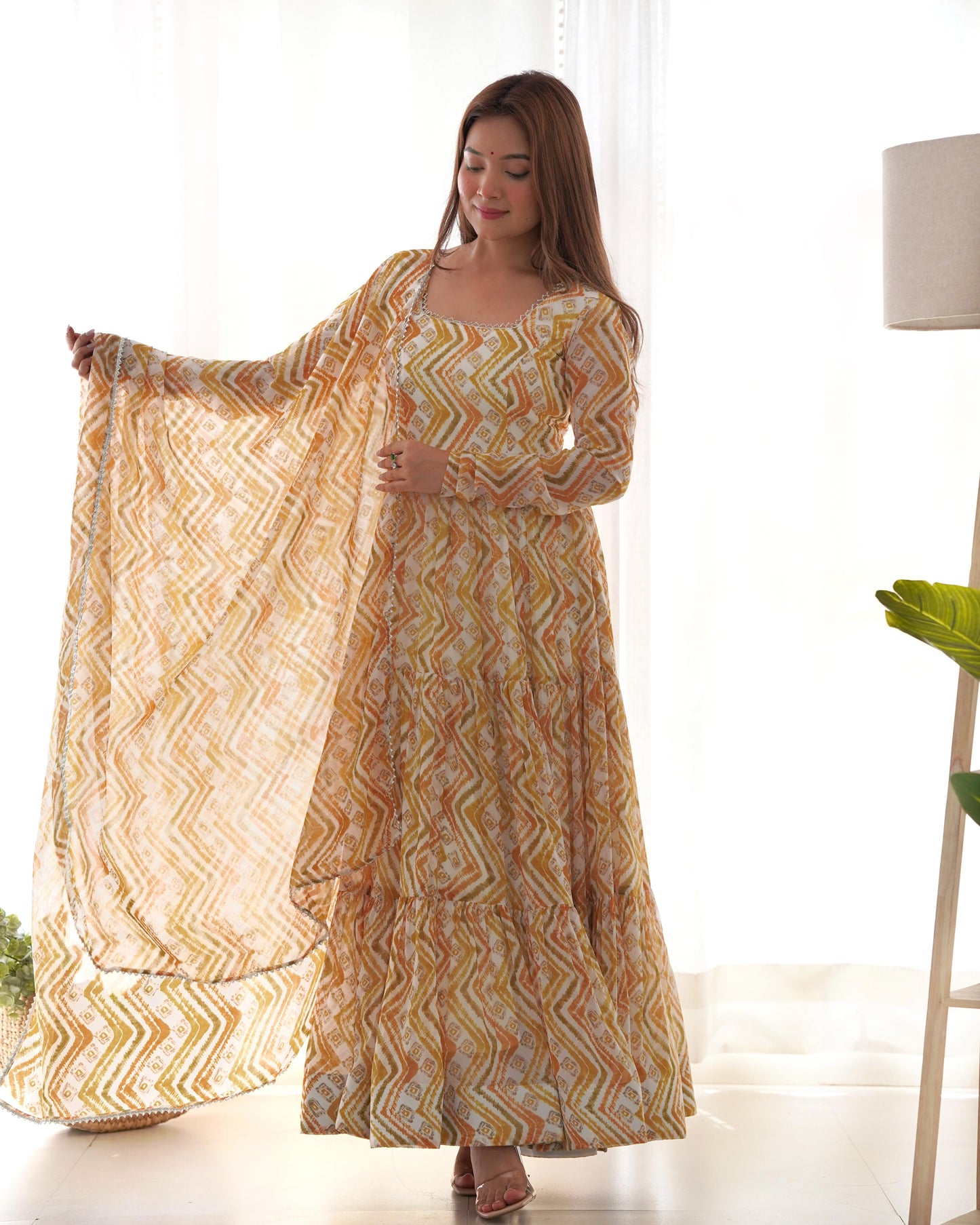 GRACEFUL GOLDEN YELLOW ZIGZAG ANARKALI 3PC KURTA SET