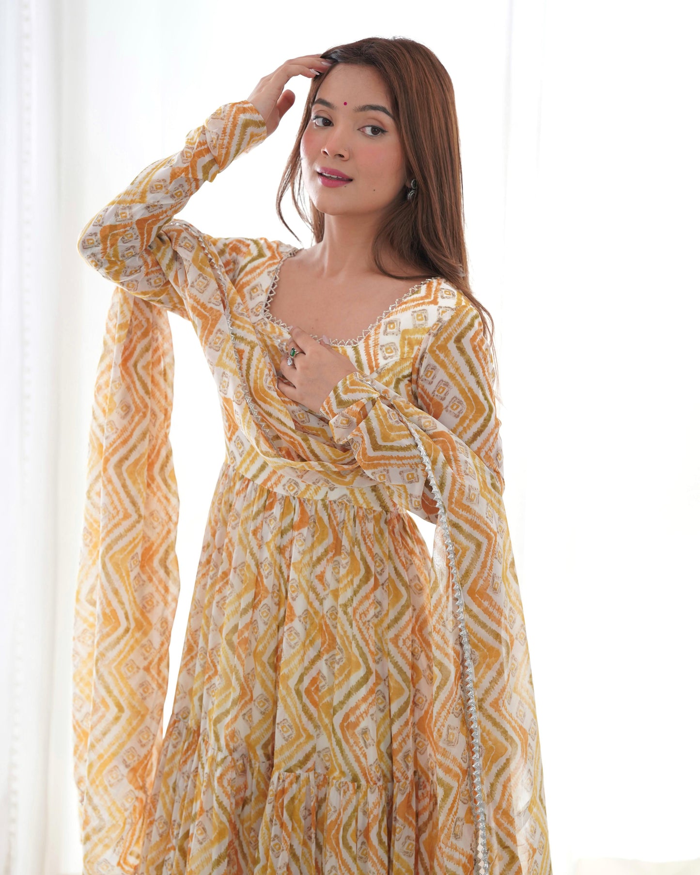 GRACEFUL GOLDEN YELLOW ZIGZAG ANARKALI 3PC KURTA SET