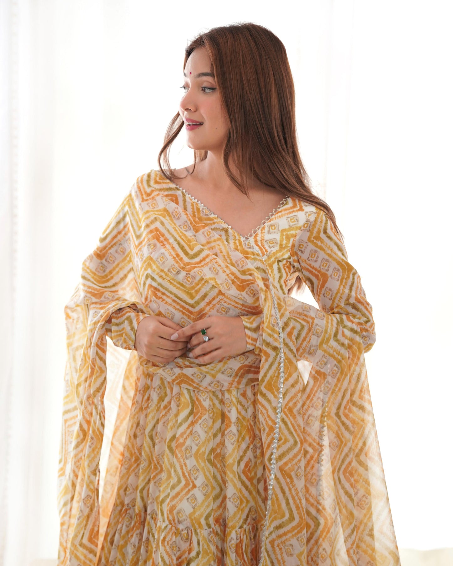 GRACEFUL GOLDEN YELLOW ZIGZAG ANARKALI 3PC KURTA SET