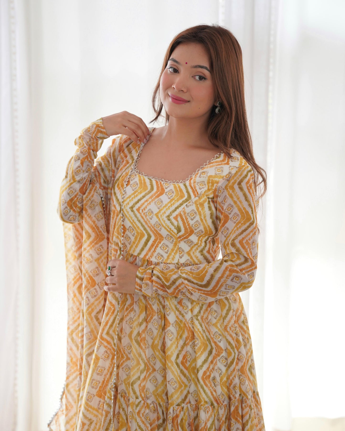 GRACEFUL GOLDEN YELLOW ZIGZAG ANARKALI 3PC KURTA SET