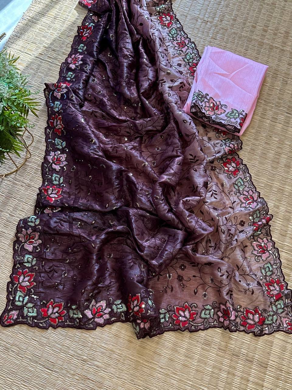 WINE COLOR PURE SHIMMER CRUNCHY CRUSH WITH RAW SILK SAREE