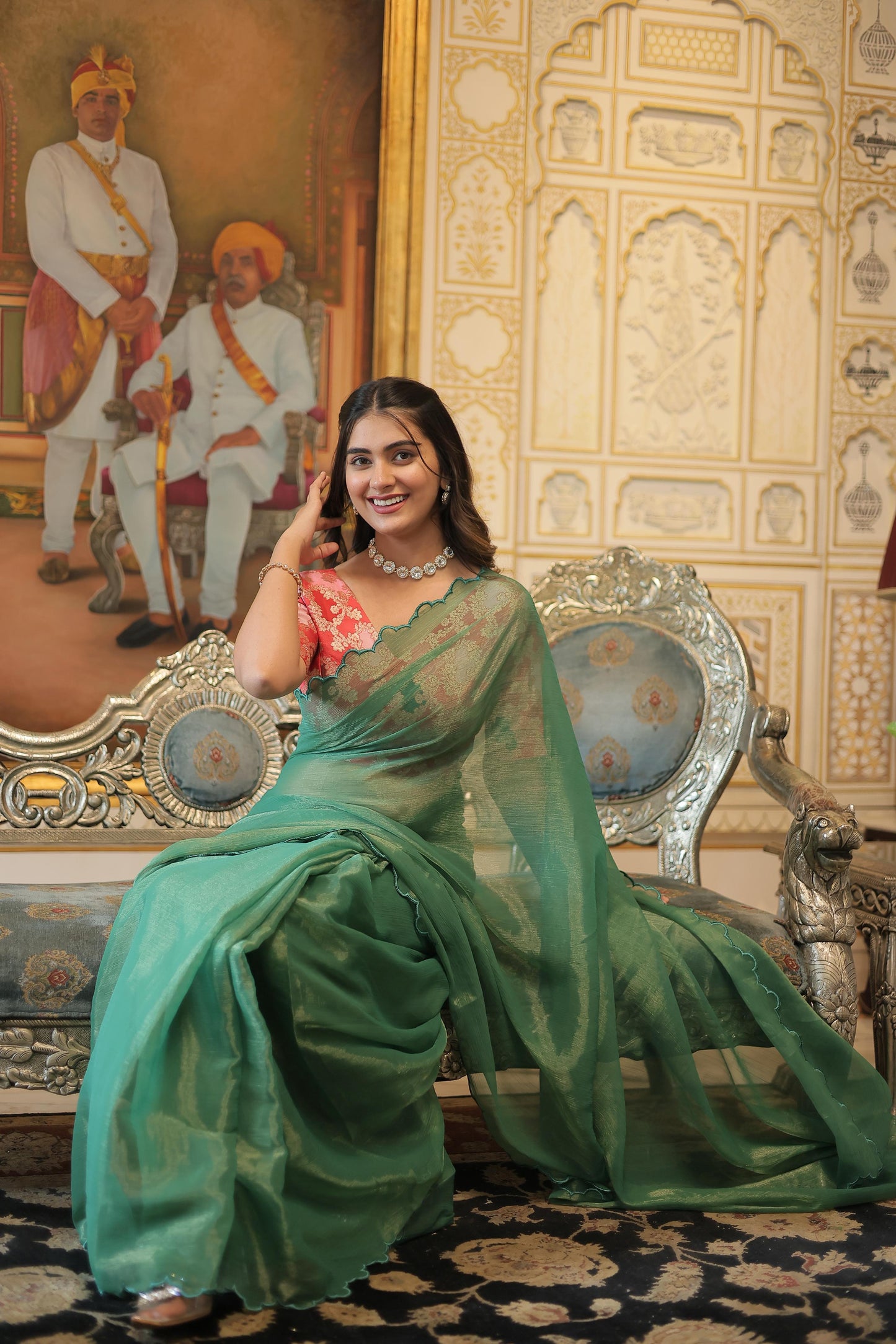 GREEN COLOR GOLD COIN ARCO CUT WORK SAREE