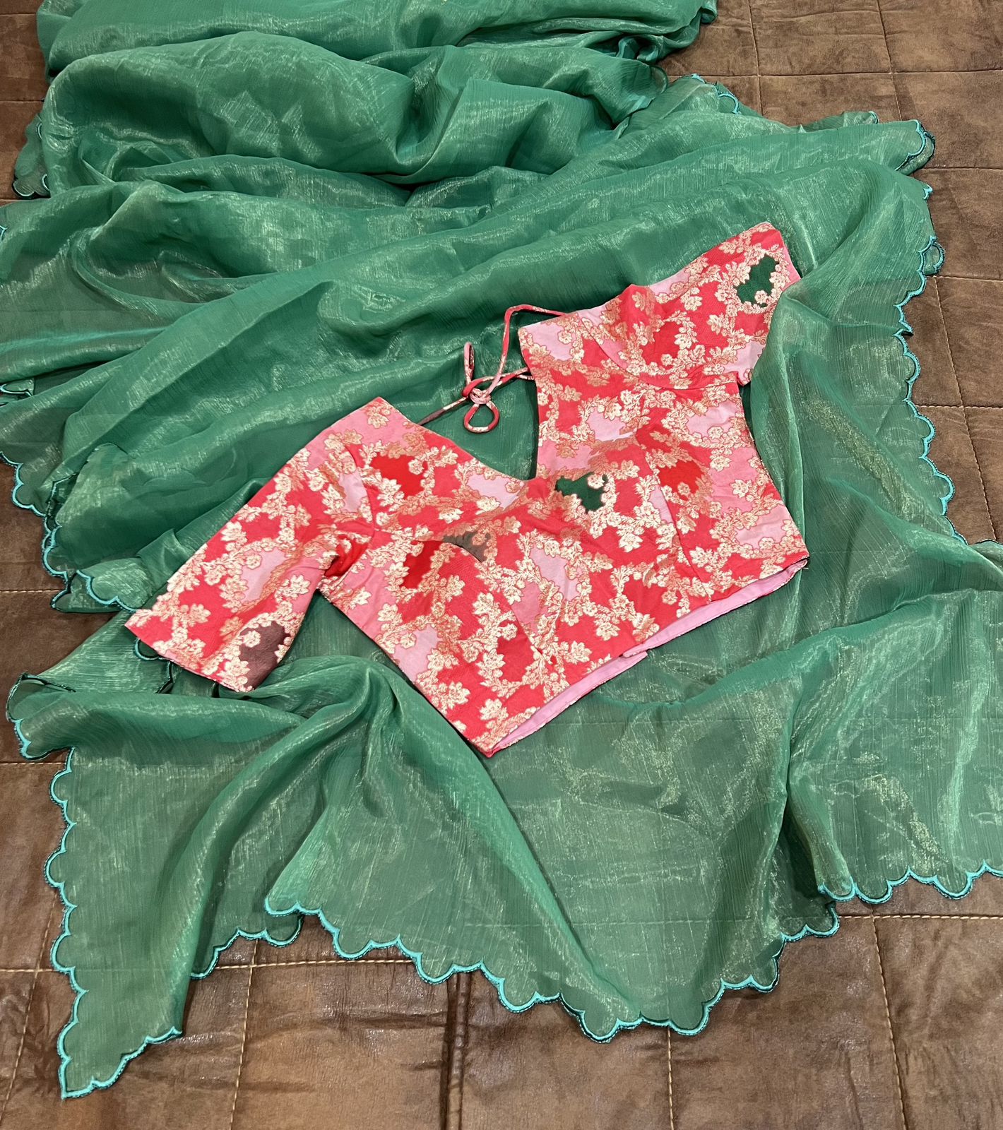 GREEN COLOR GOLD COIN ARCO CUT WORK SAREE
