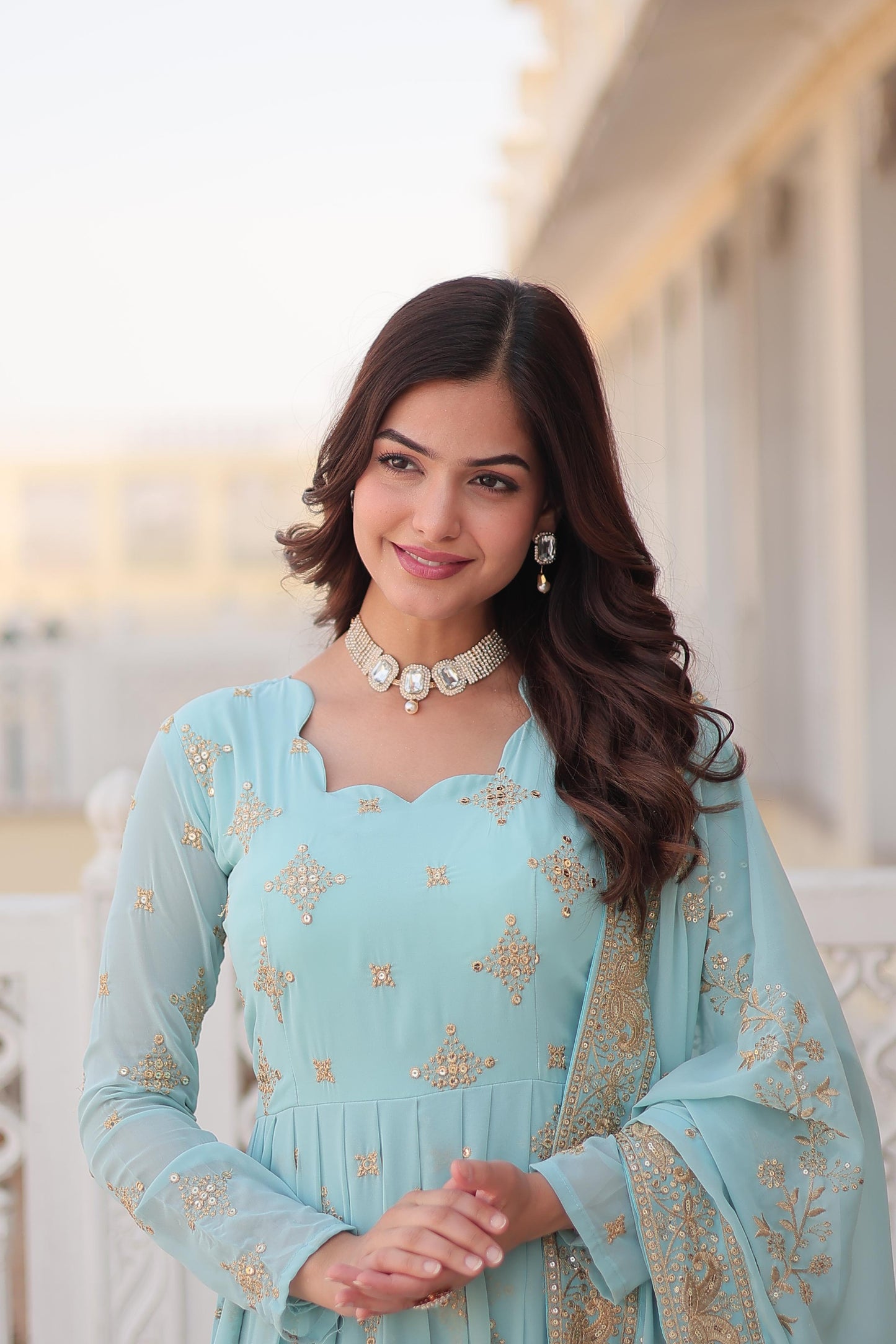 DESIGNER SKY  COLOR ZARI & SEQUINS EMBROIDERY ANARKALI GOWN WITH LACE BORDER DUPATTA