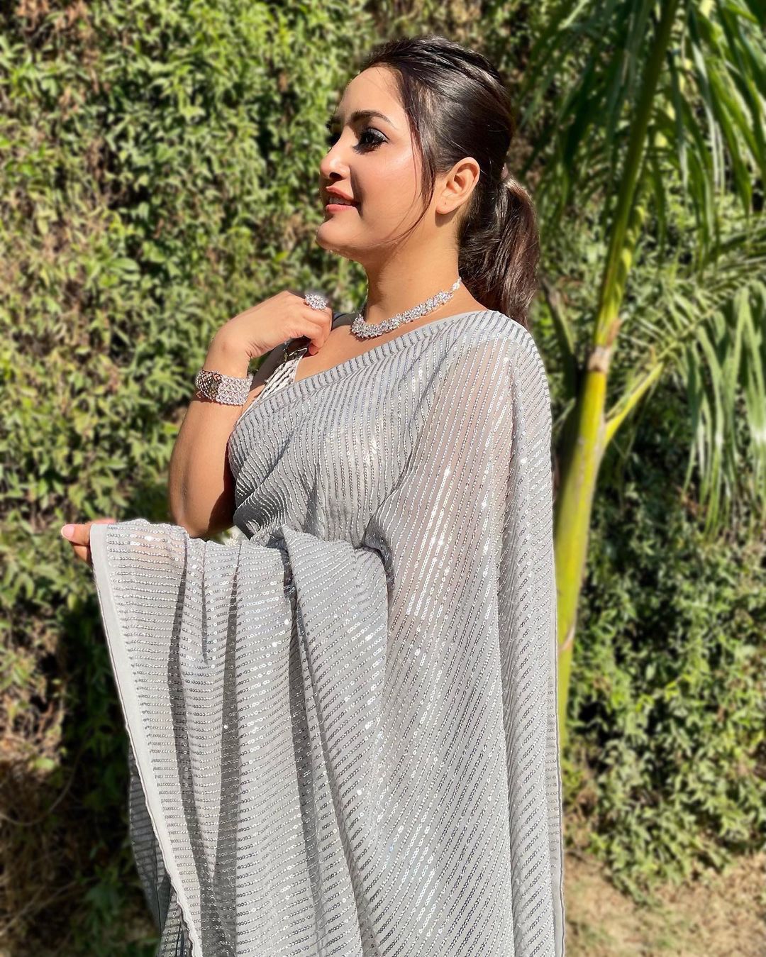SILVER COLOR HEAVY GEORGETTE SEQUINS EMBROIDERY WORK SAREE