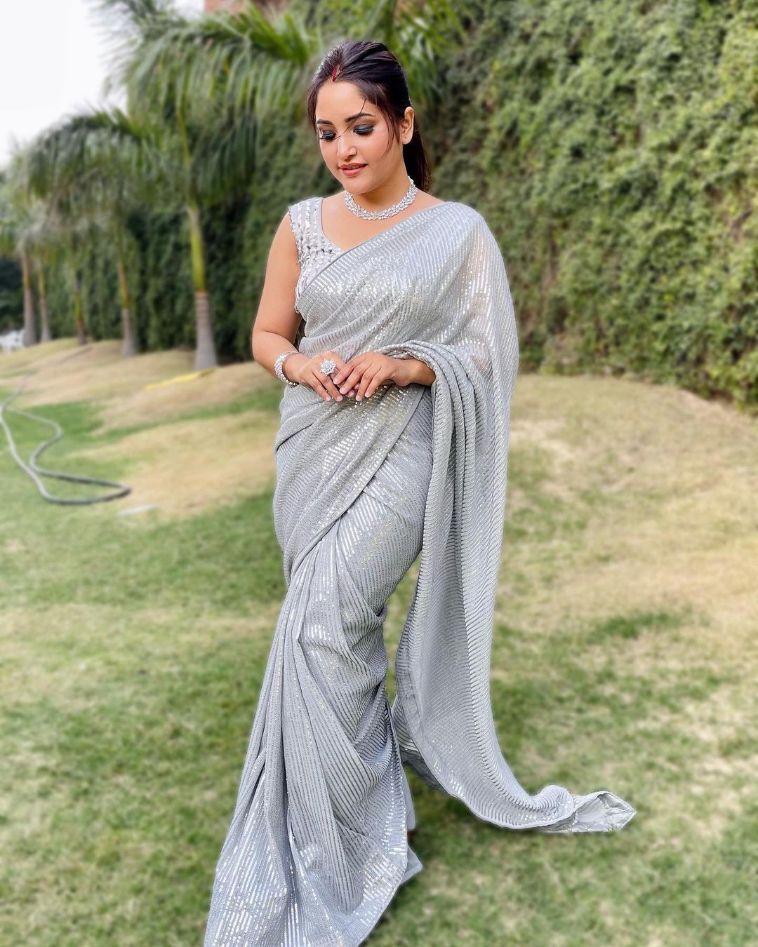 SILVER COLOR HEAVY GEORGETTE SEQUINS EMBROIDERY WORK SAREE