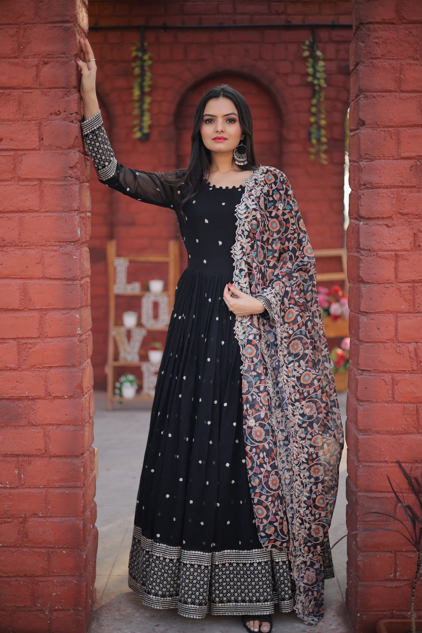 ZARI-THREAD SEQUINS WITH CUTWORK BLACK COLOR ANARKALI GOWN WITH DUPATTA