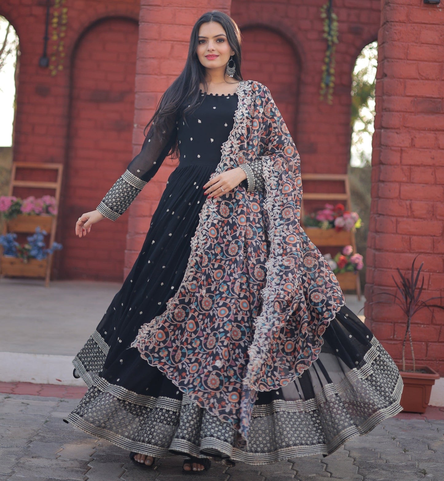 ZARI-THREAD SEQUINS WITH CUTWORK BLACK COLOR ANARKALI GOWN WITH DUPATTA