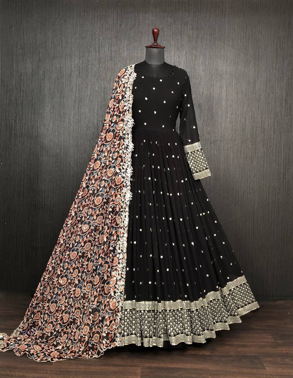 ZARI-THREAD SEQUINS WITH CUTWORK BLACK COLOR ANARKALI GOWN WITH DUPATTA