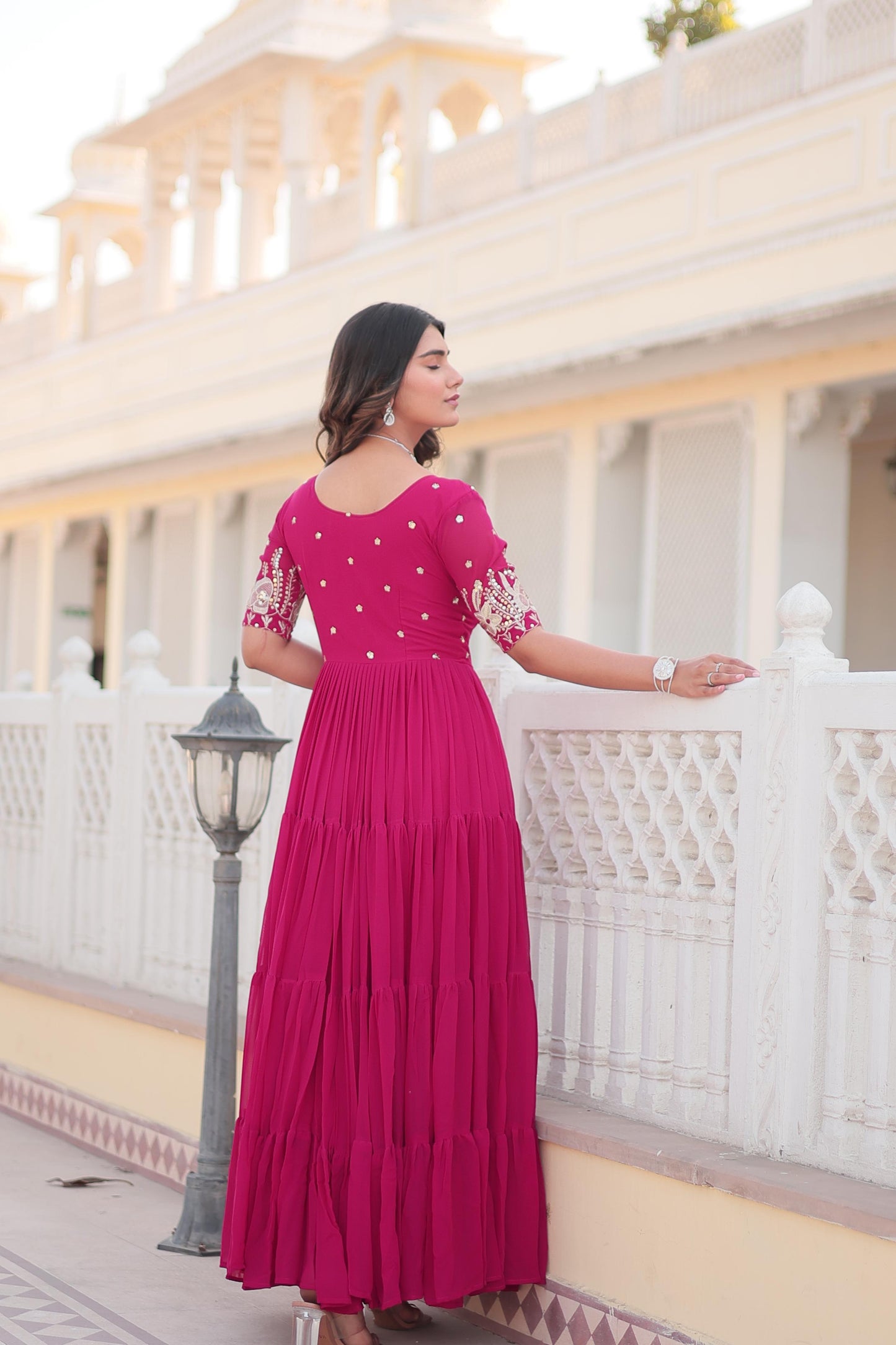 DEEP PINK ZARI -THREAD SEQUINS WORK ANARKALI GOWN