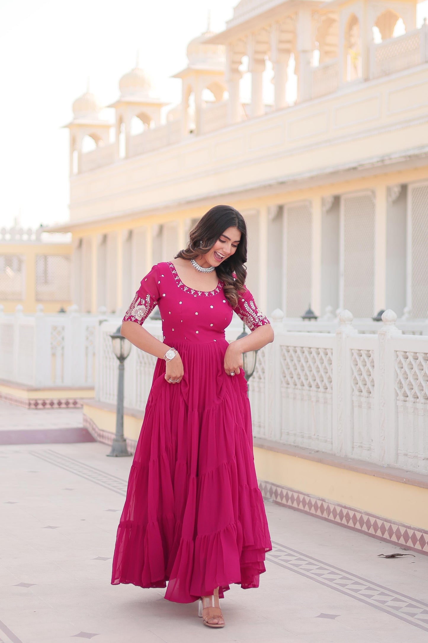 DEEP PINK ZARI -THREAD SEQUINS WORK ANARKALI GOWN