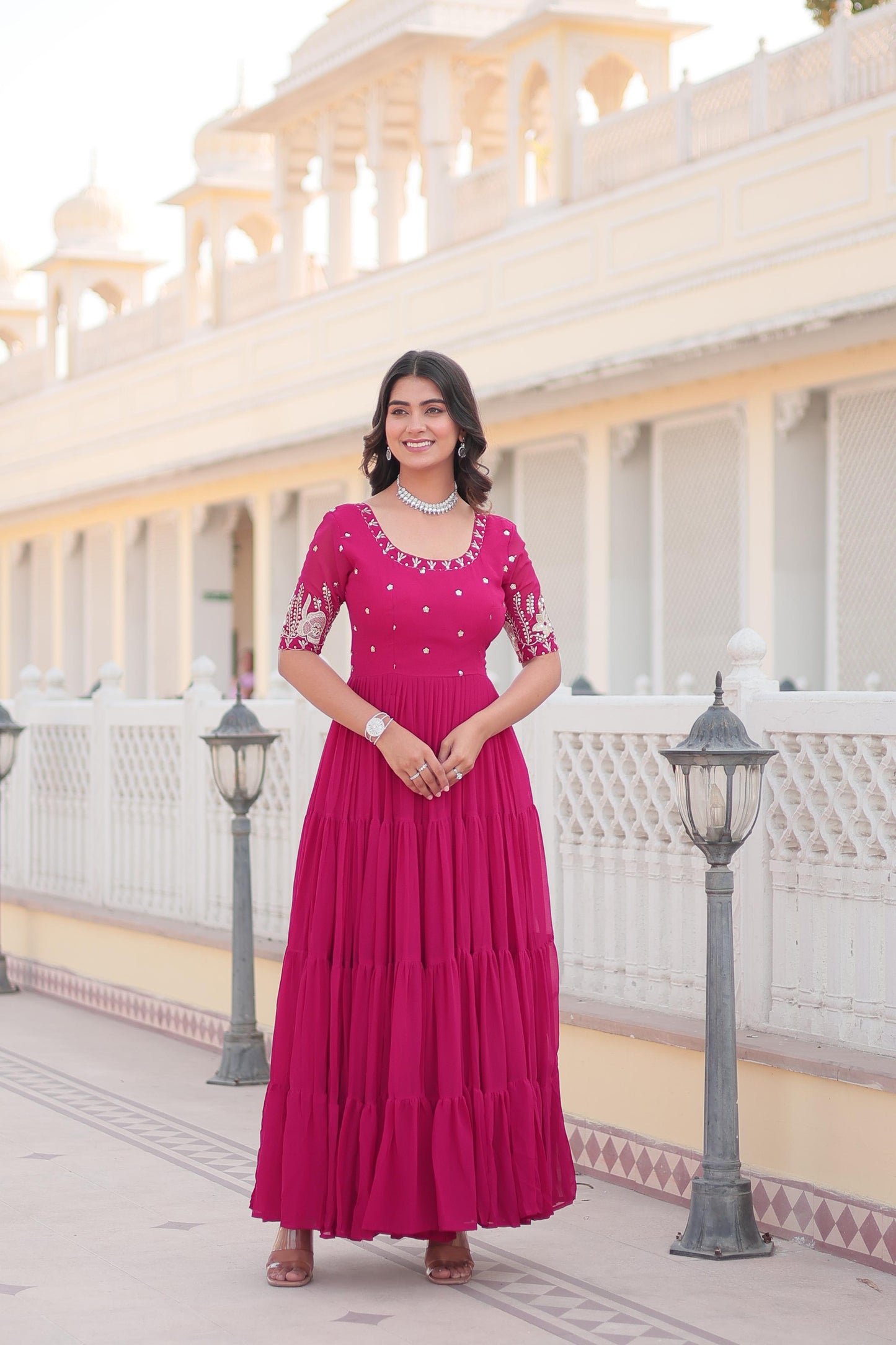 DEEP PINK ZARI -THREAD SEQUINS WORK ANARKALI GOWN