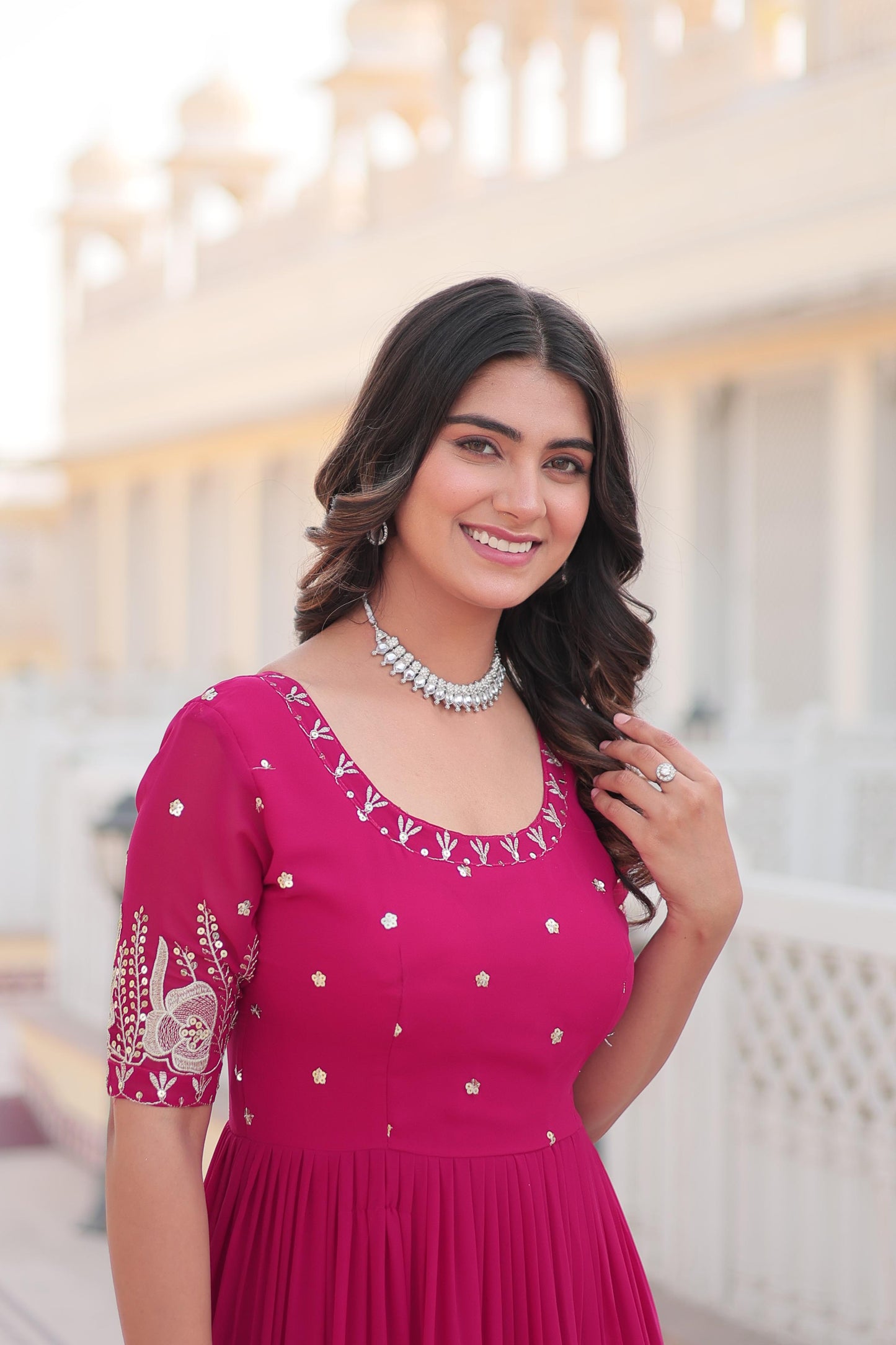 DEEP PINK ZARI -THREAD SEQUINS WORK ANARKALI GOWN