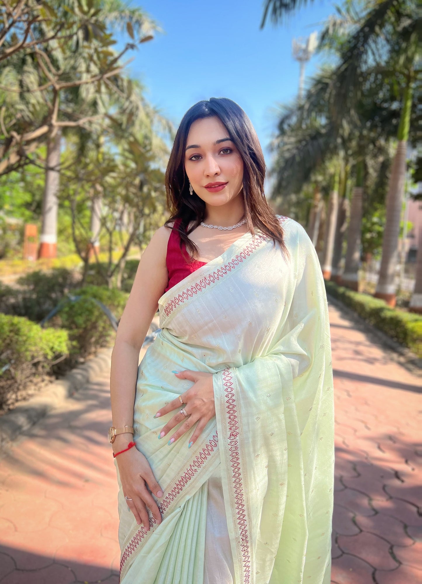 PISTA COLOR MANIPURI SILK WITH SOROSHKI DIAMOND WORK SAREE