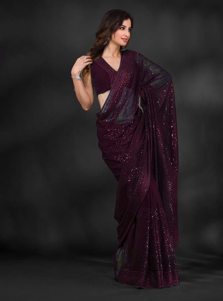 WINE COLOR CELEBRITY STYLEHEAVY GEORGETTE SAREE