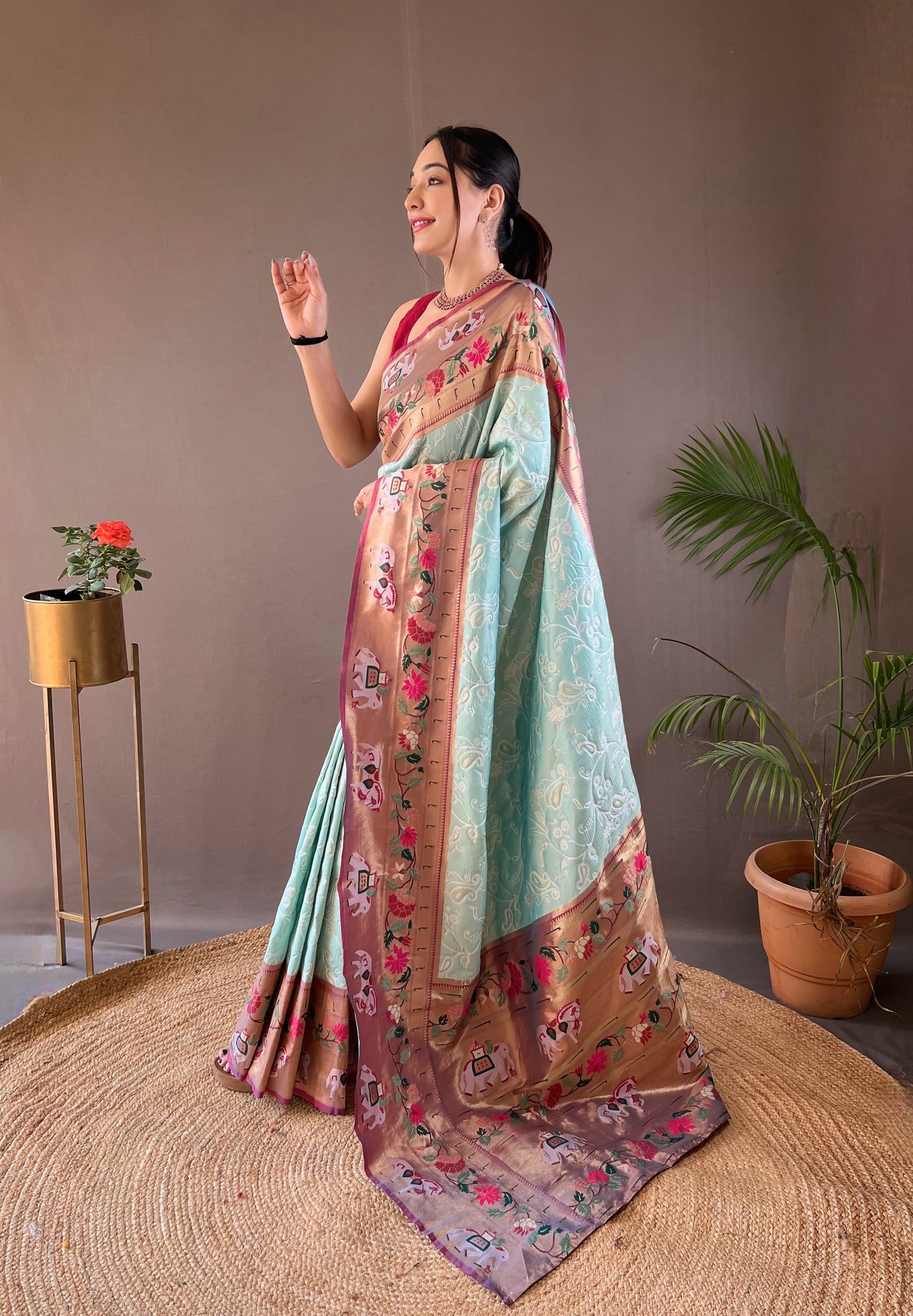 CYAN BLUE COLOR LAKHNOWI WEAVING WITH PATOLA FUSION SAREE
