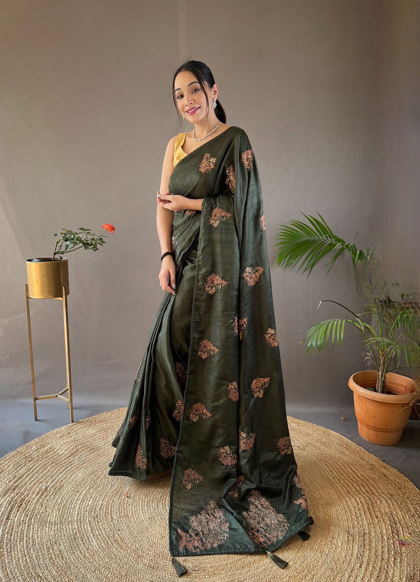 GOLDEN COLOR SOFT SILK WITH ZARI EMBROIDERY & PIPING WORK SAREE