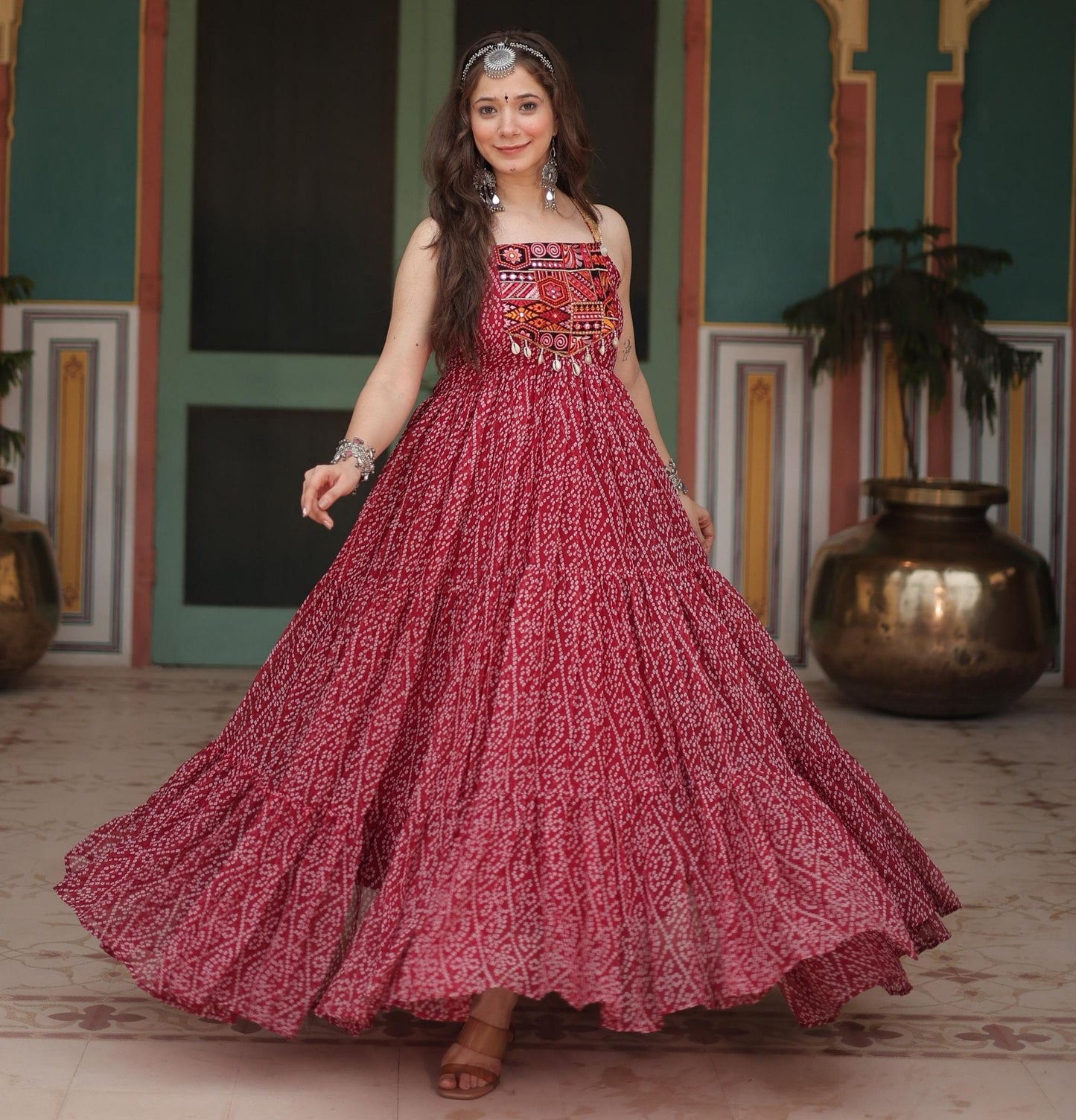 BANDHANI PRINT RED ANARKALI GOWN
