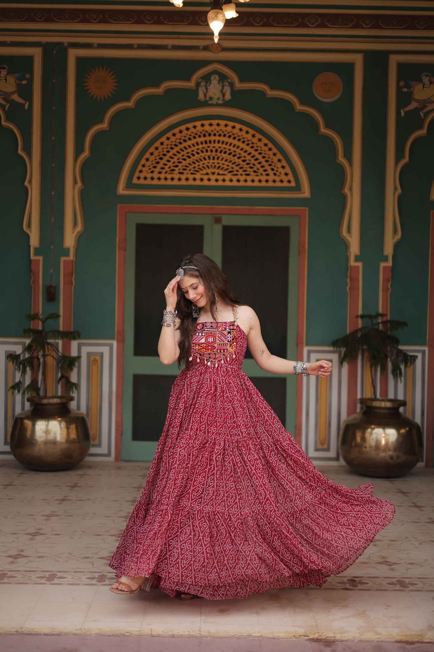BANDHANI PRINT RED ANARKALI GOWN
