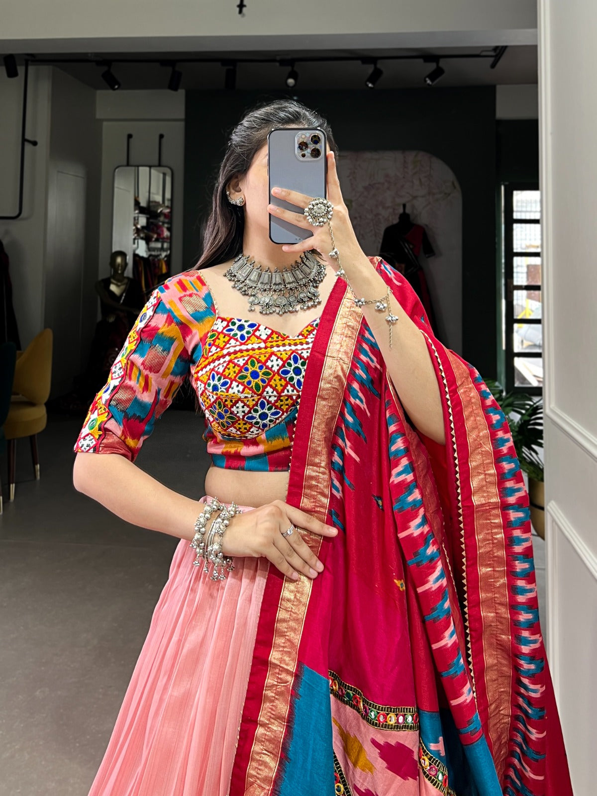 PITCH COLOR PRINT WITH FOIL WORK NAVARATRI LEHENGA