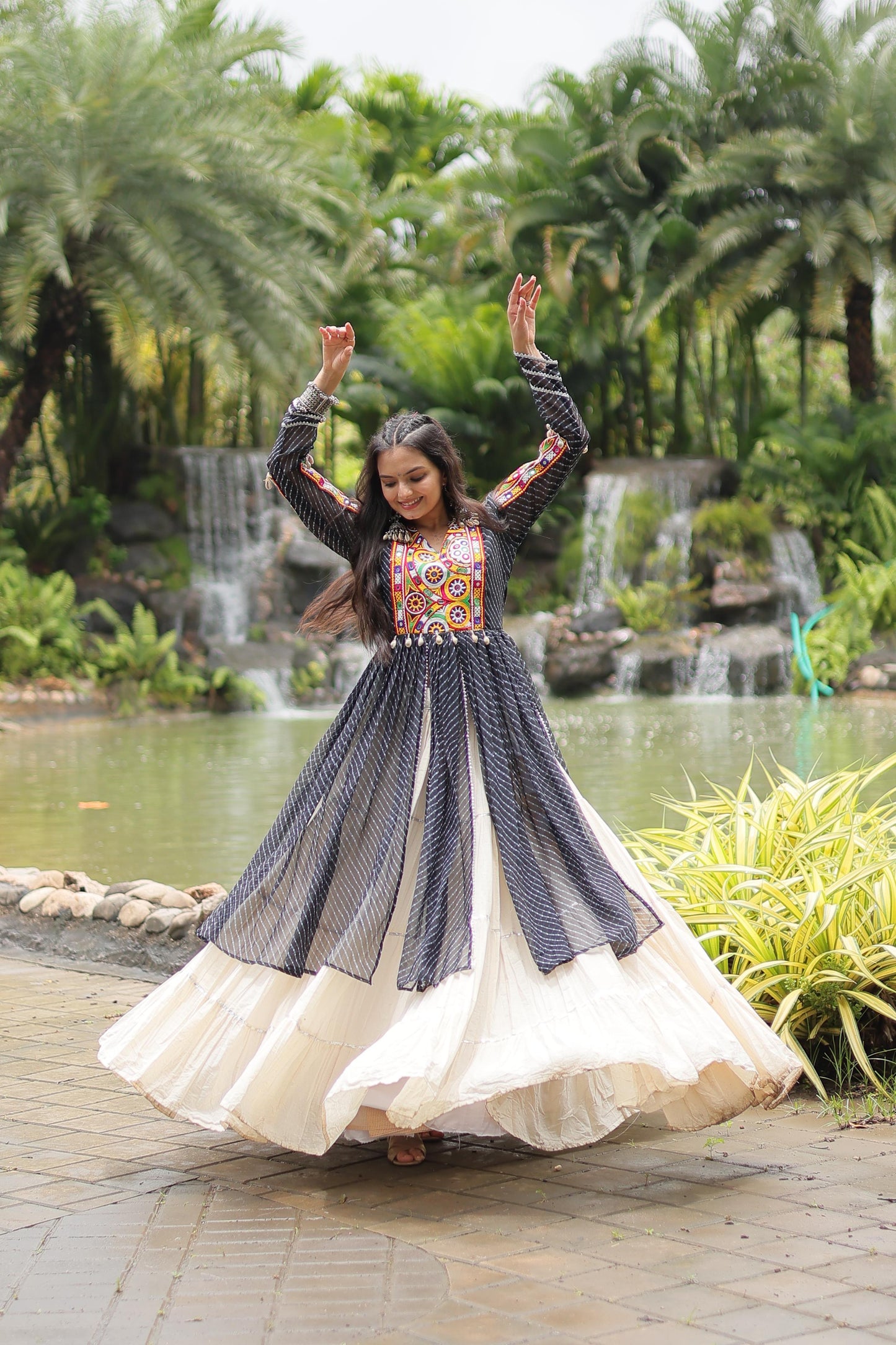 BLACK KORA COTTON NAVRATRI LEHENGA KURTI