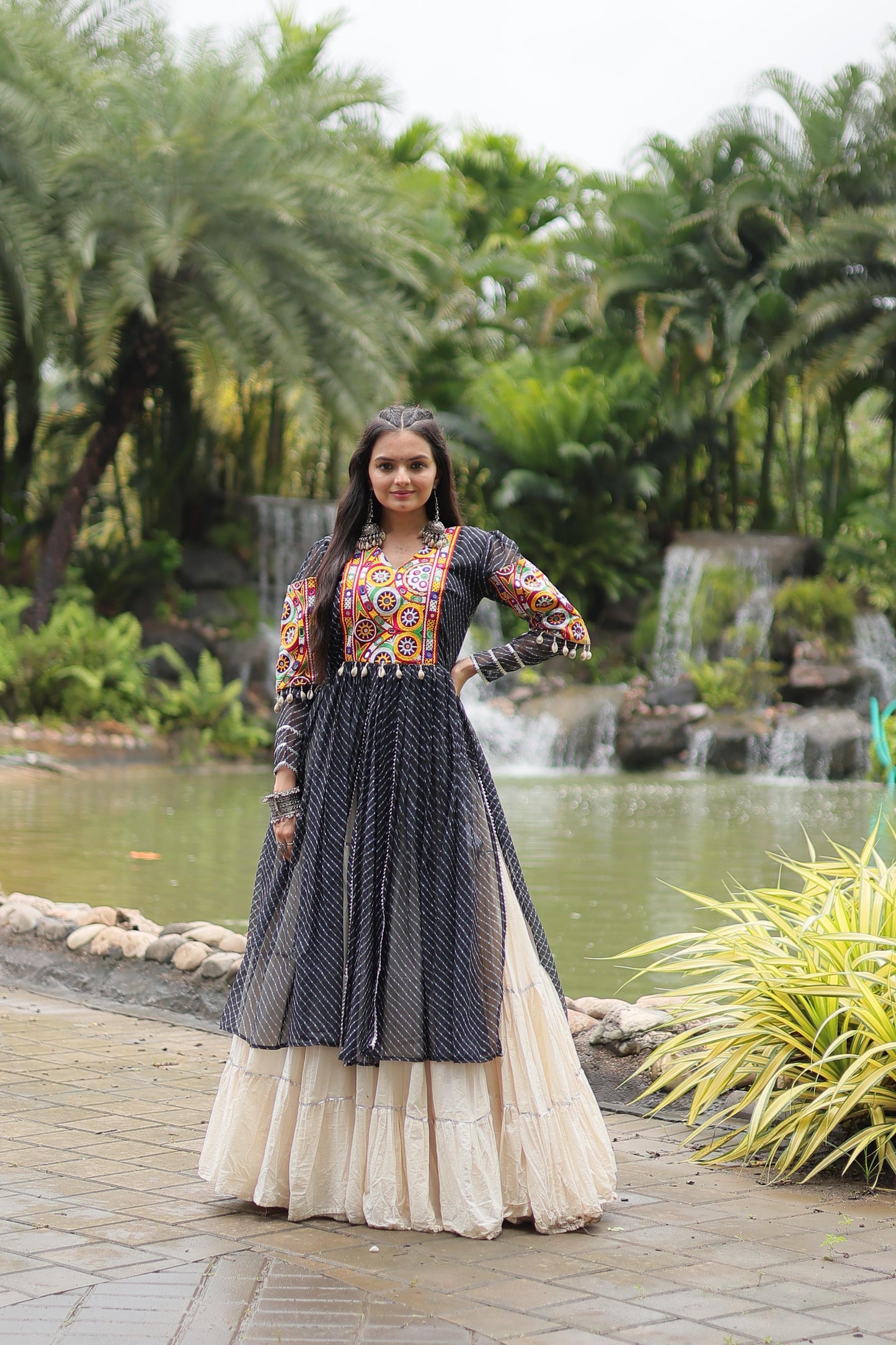 BLACK KORA COTTON NAVRATRI LEHENGA KURTI