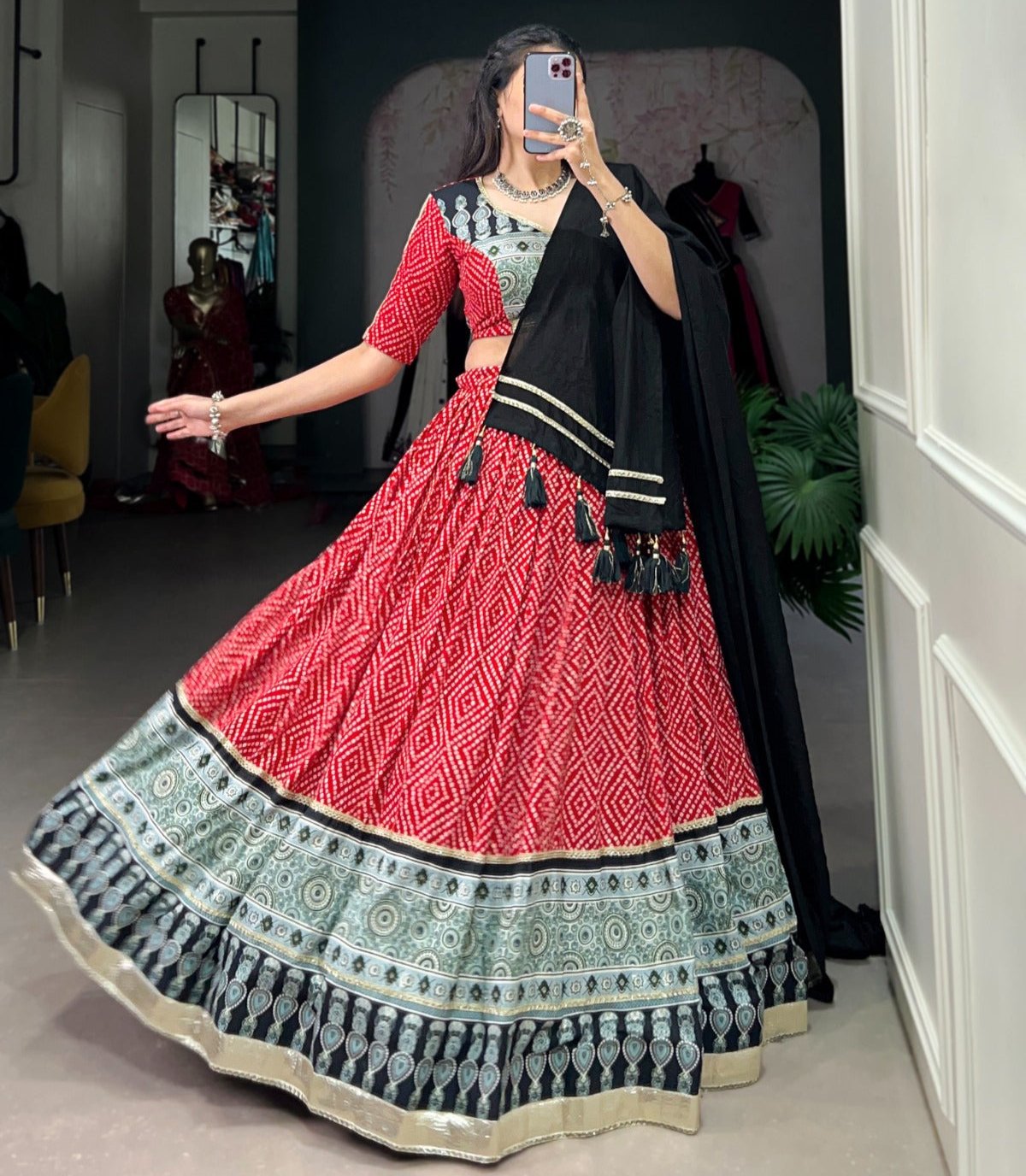 RED BANDHNI PRINT LEHENGA