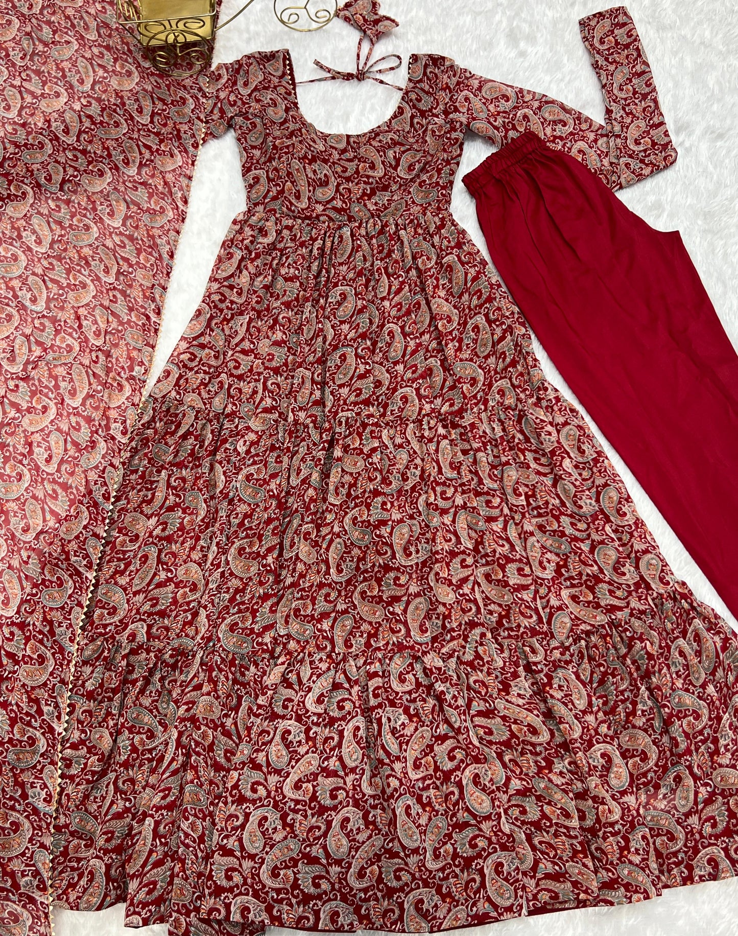 PAISLEY KALAMKARI PRINT MARRON ANARKALI 3PC KURTA SET