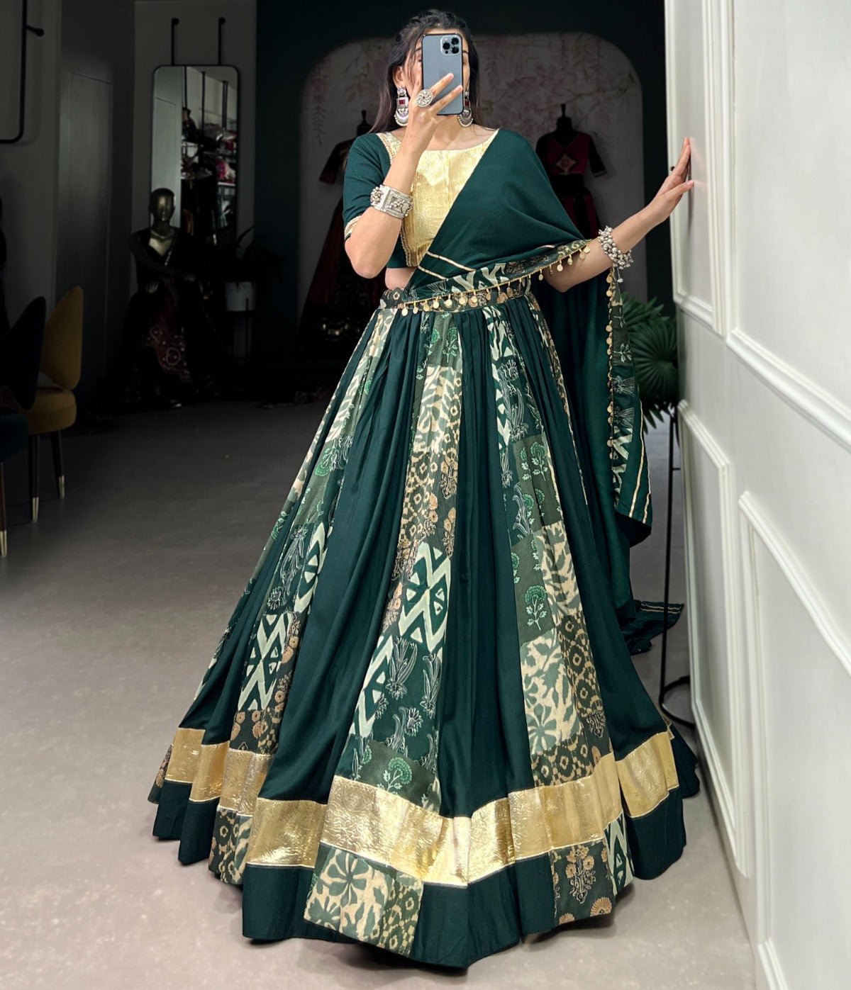 GREEN RAYON WITH TUSSAR SILK NAVARATRI LEHENGA