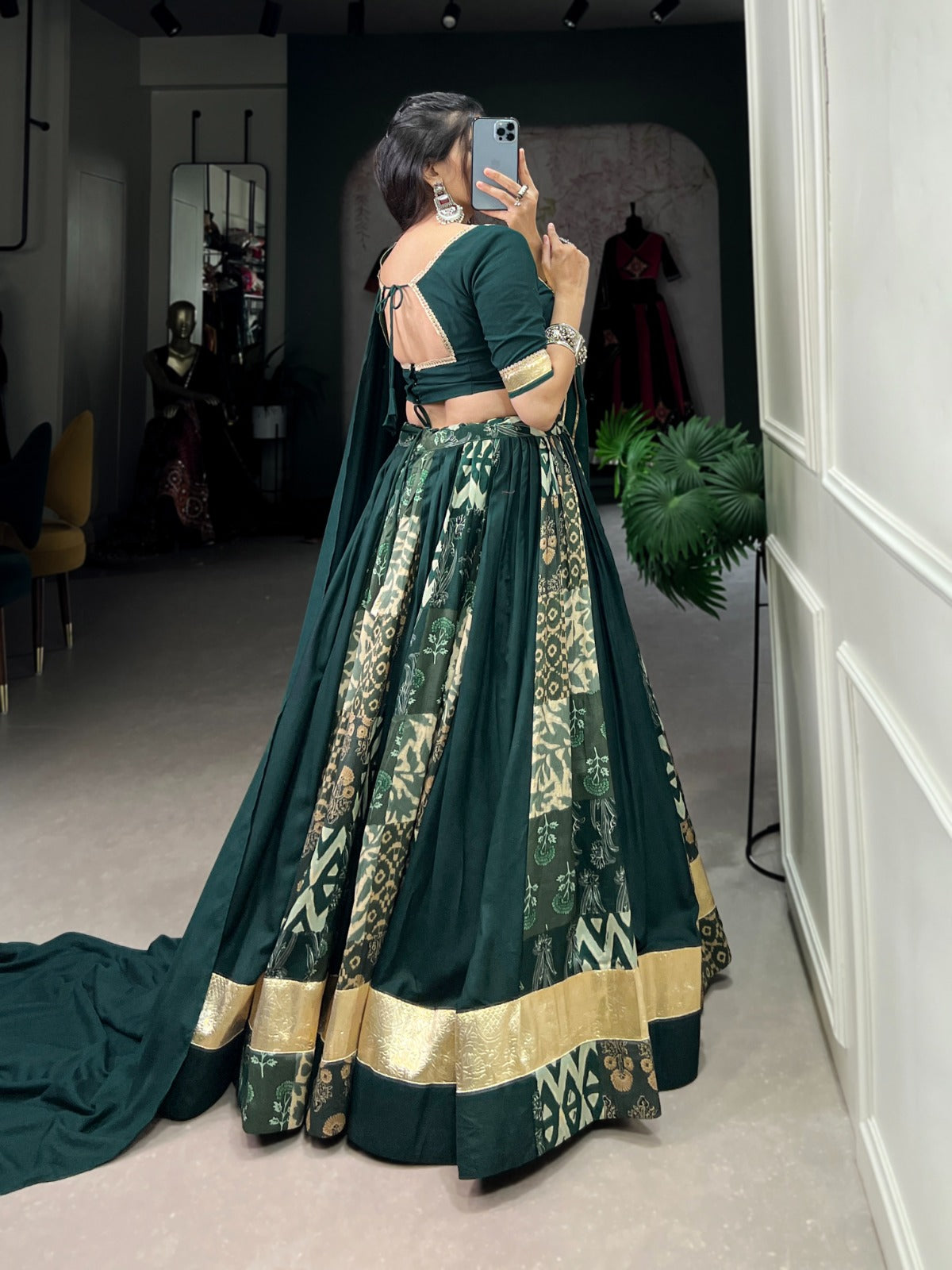 GREEN RAYON WITH TUSSAR SILK NAVARATRI LEHENGA